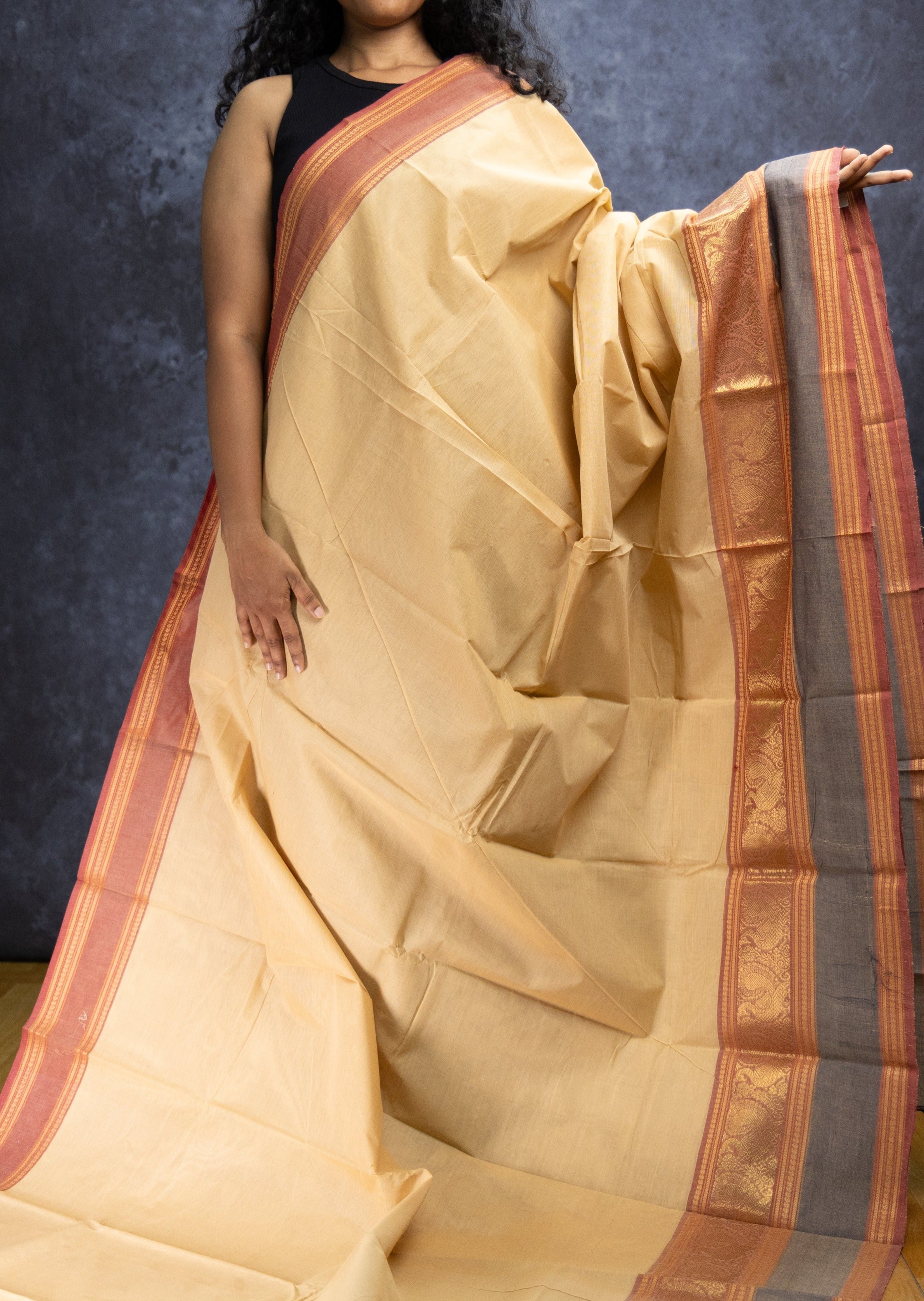 Pastel Cream Retta Petta Chettinadu Cotton Saree