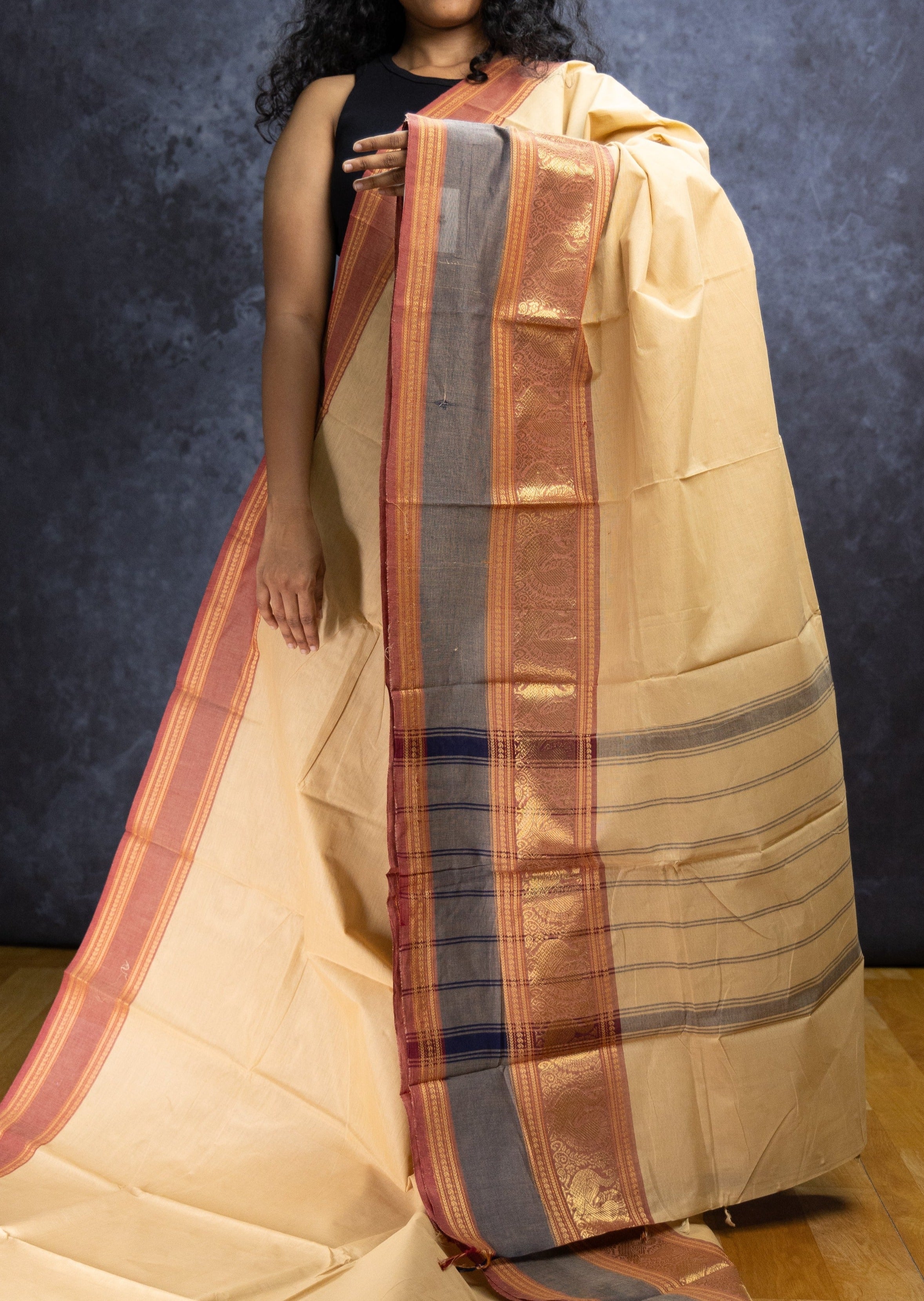 Pastel Cream Retta Petta Chettinadu Cotton Saree