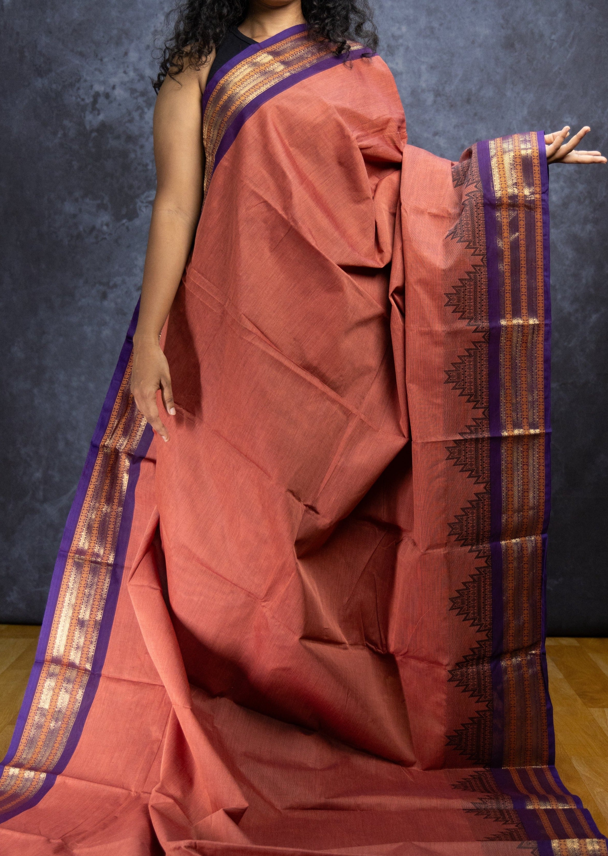 Brick Red and Black Thazhampoo Chettinadu Cotton Saree