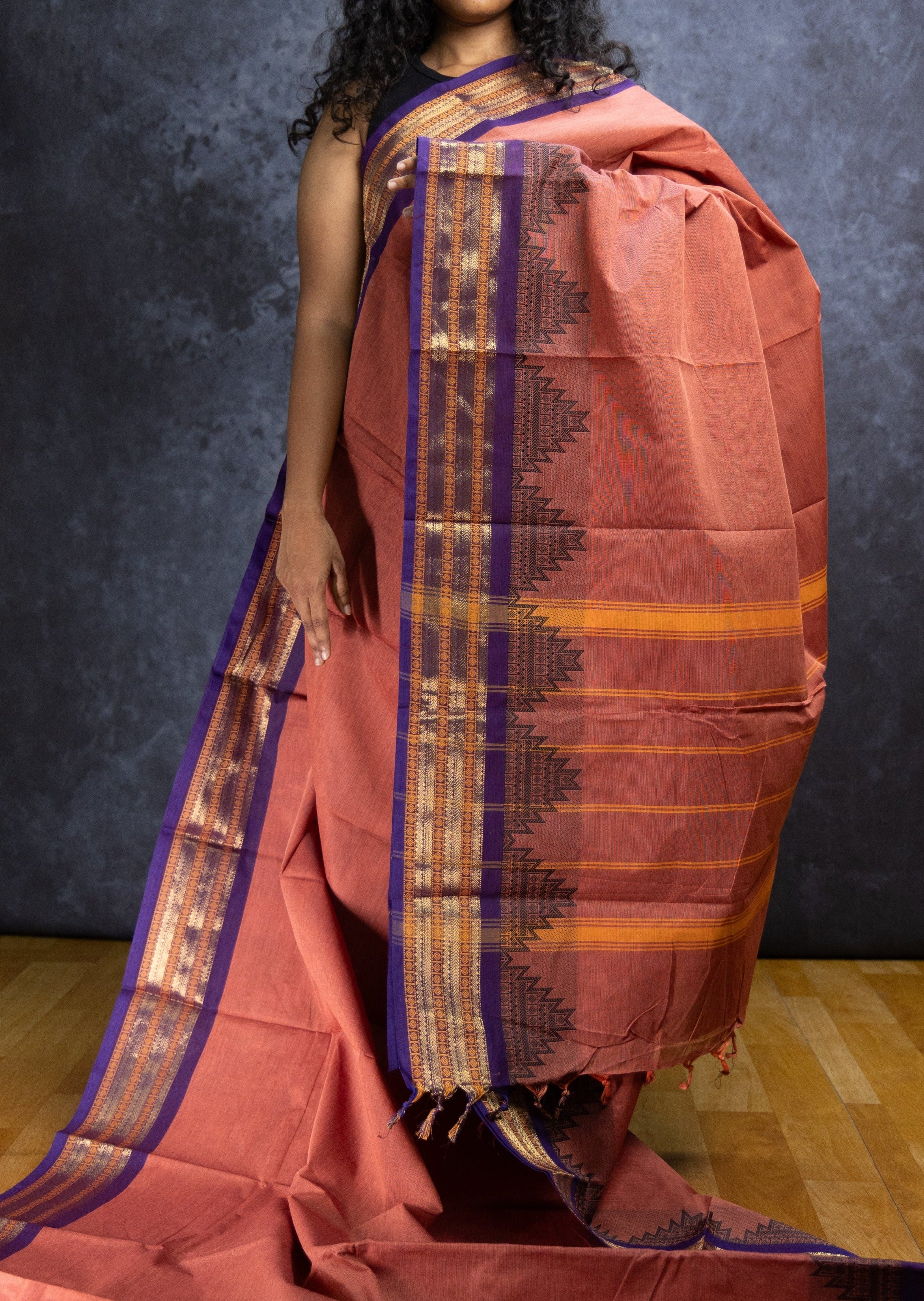 Brick Red and Black Thazhampoo Chettinadu Cotton Saree