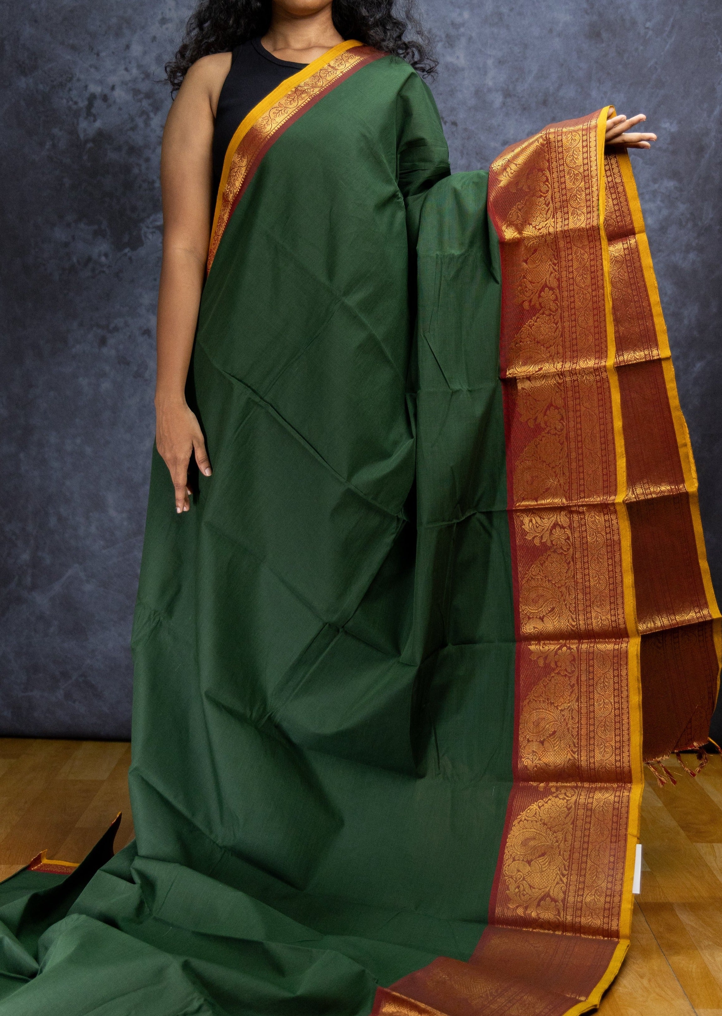 Forest Green and Maroon Big Border Chettinadu Cotton Saree