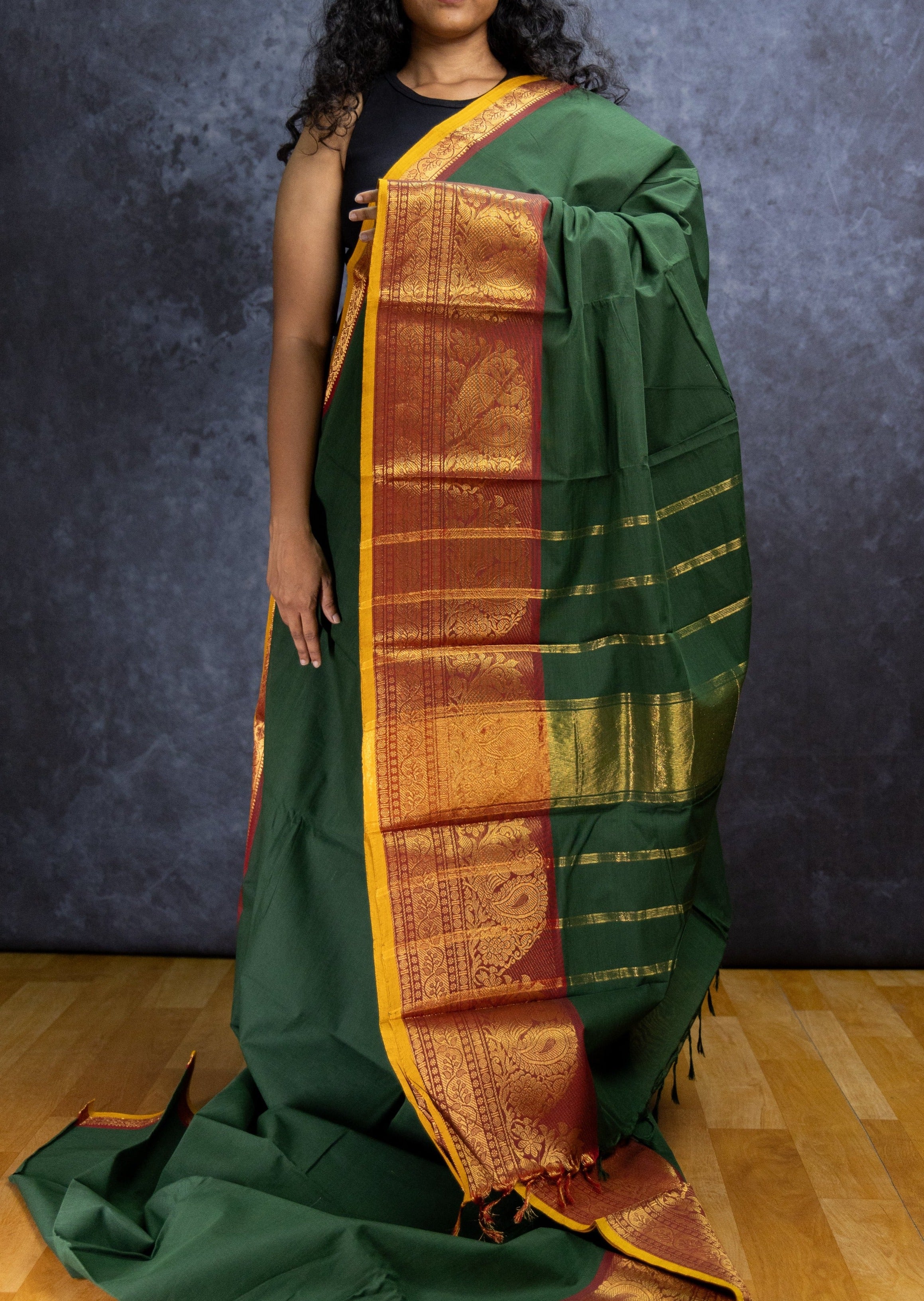 Forest Green and Maroon Big Border Chettinadu Cotton Saree