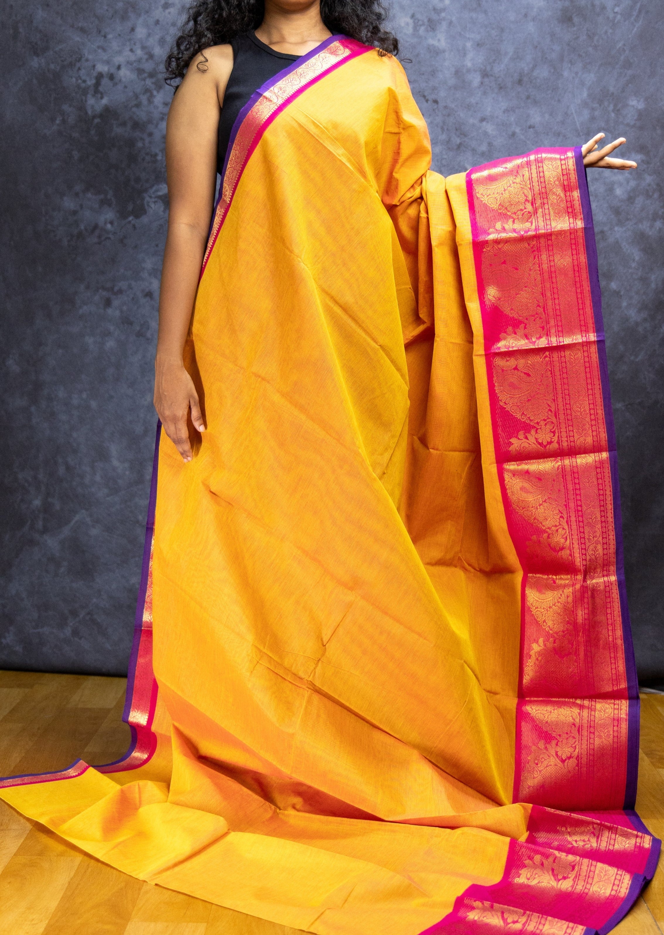 Mustard and Pink Border Chettinadu Cotton Saree