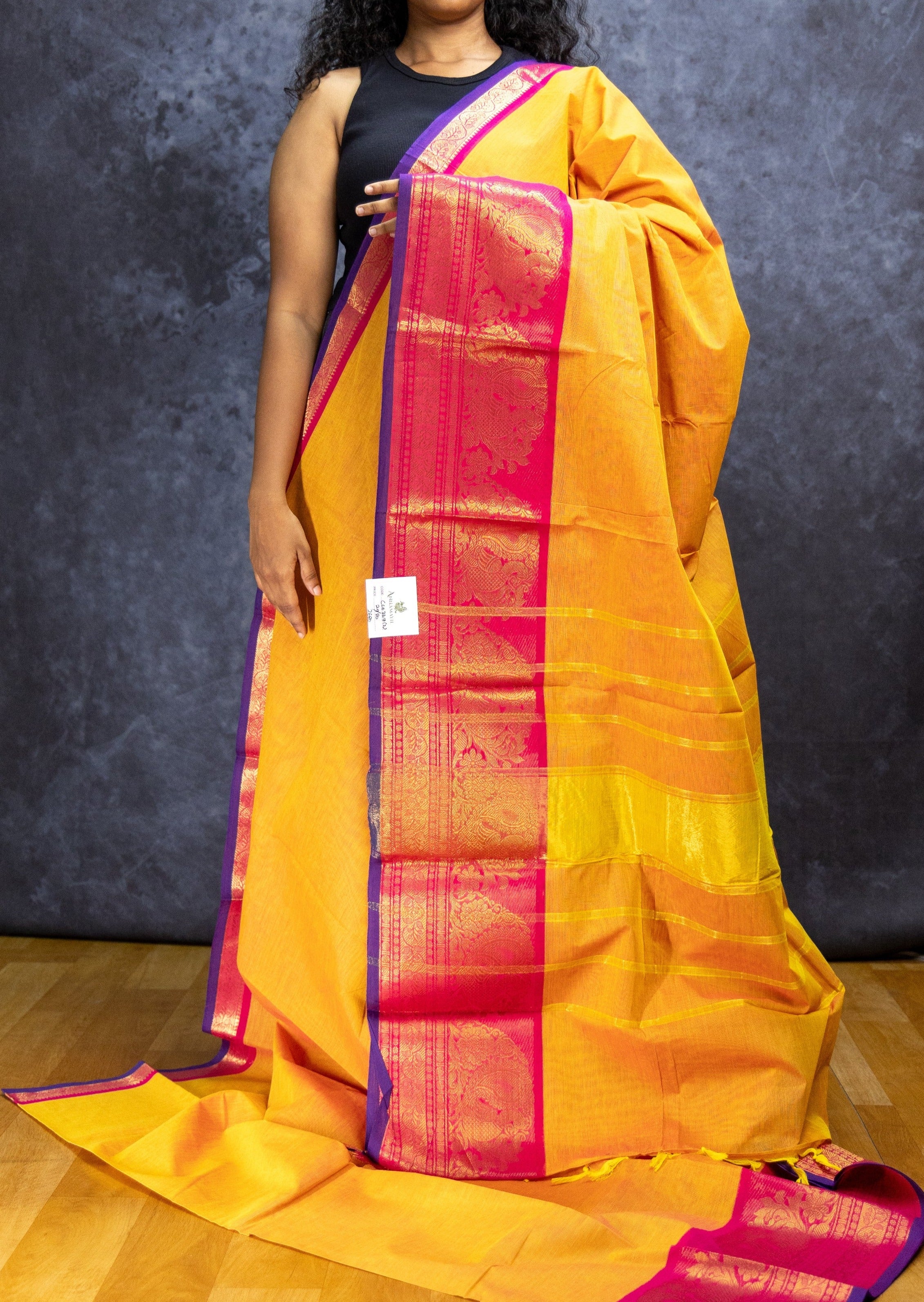 Mustard and Pink Border Chettinadu Cotton Saree