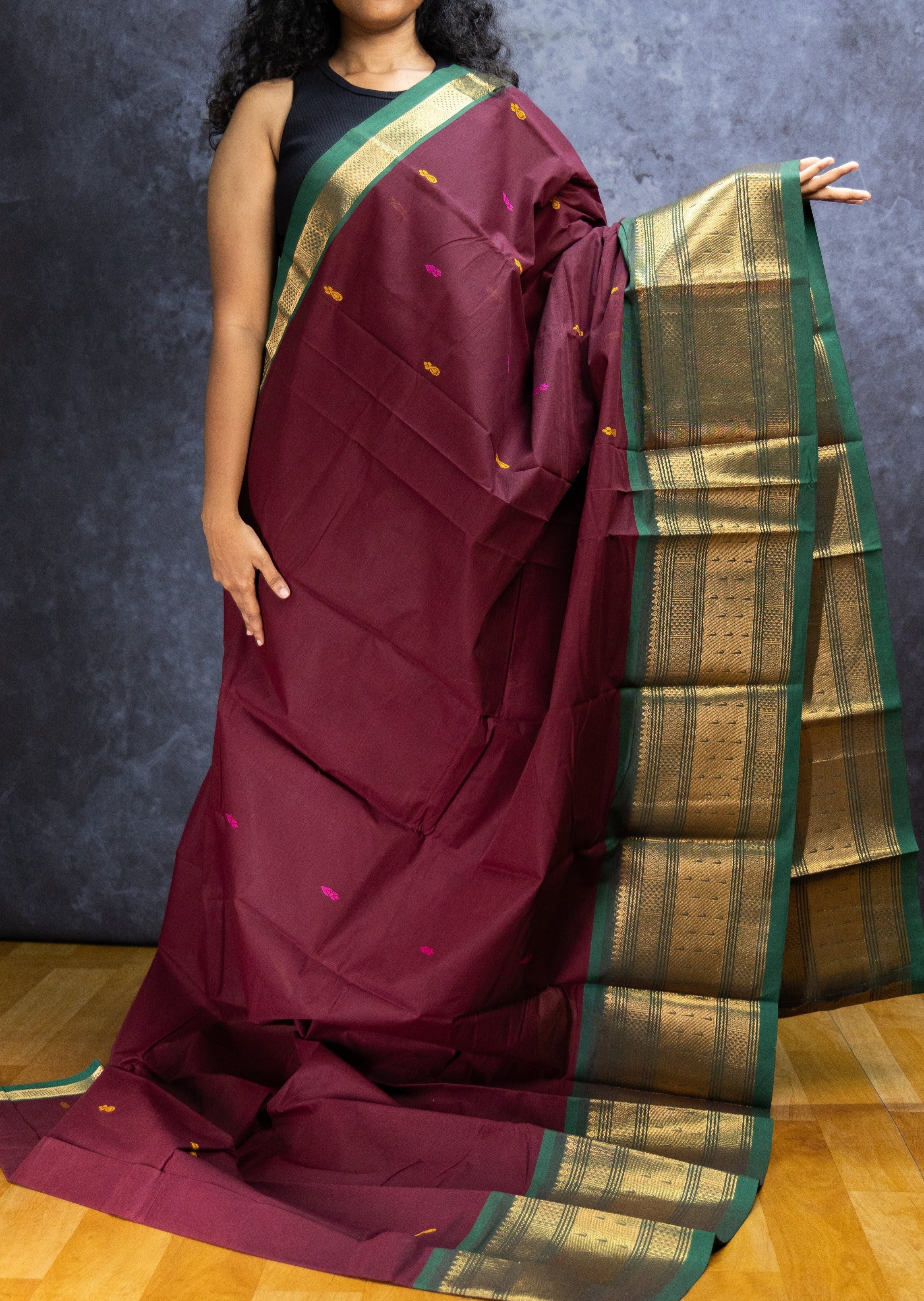 Dark Maroon and Green Big Border Chettinadu Cotton Saree