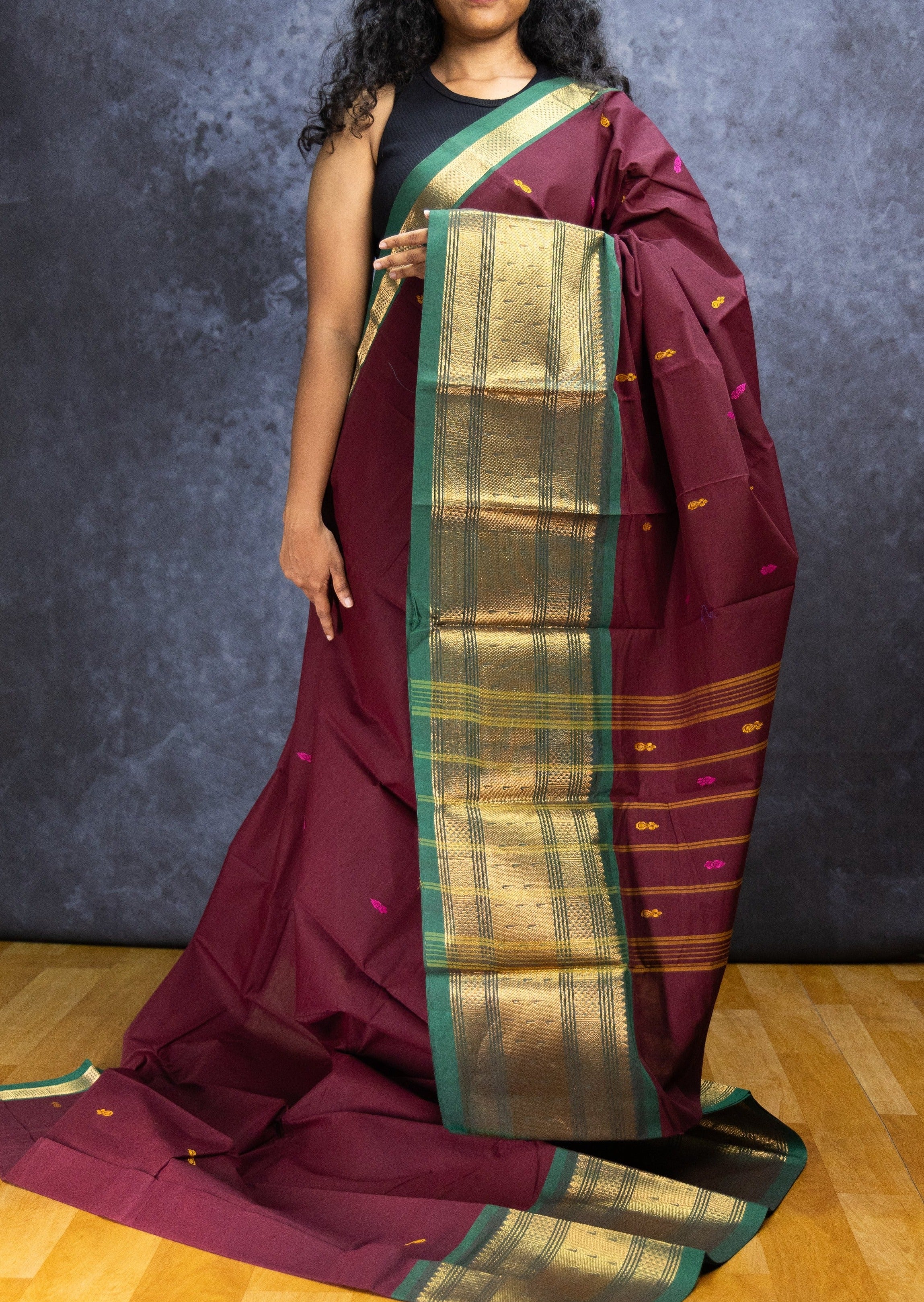 Dark Maroon and Green Big Border Chettinadu Cotton Saree