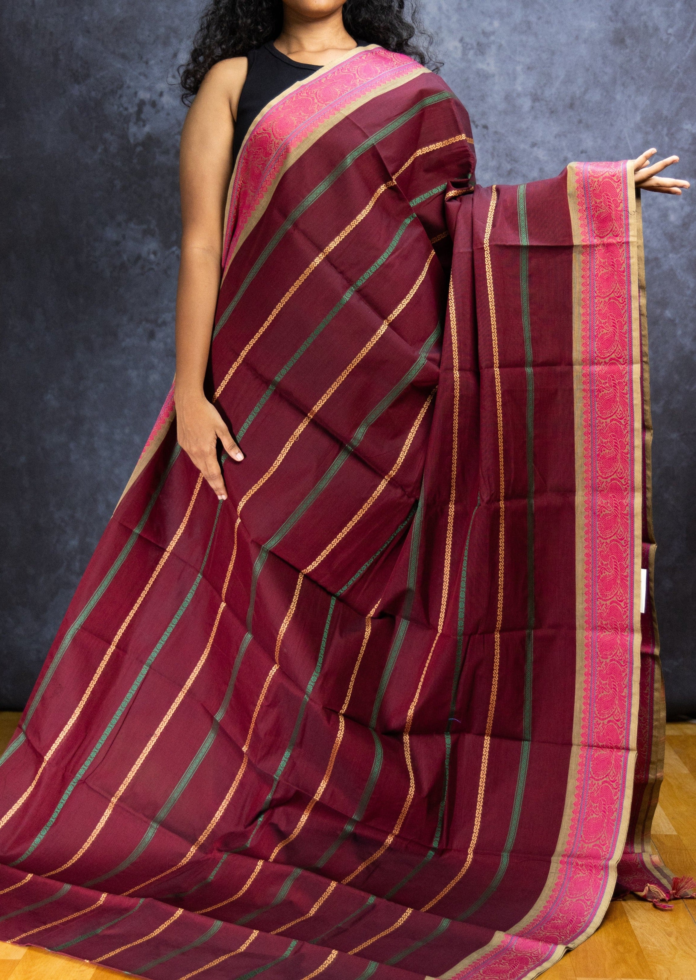 Brown and Pink Veldhari  Cotton Saree