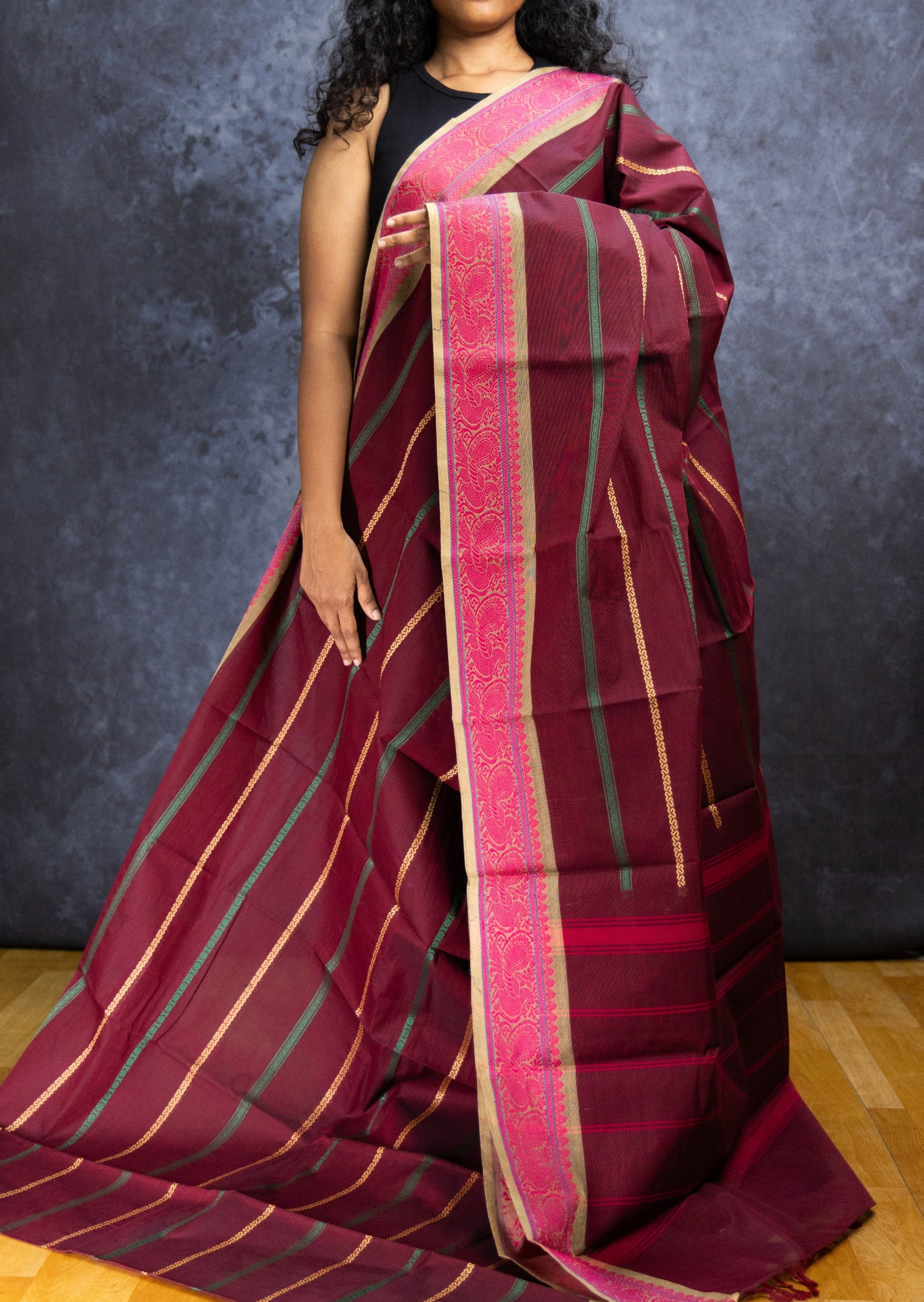 Brown and Pink Veldhari  Cotton Saree