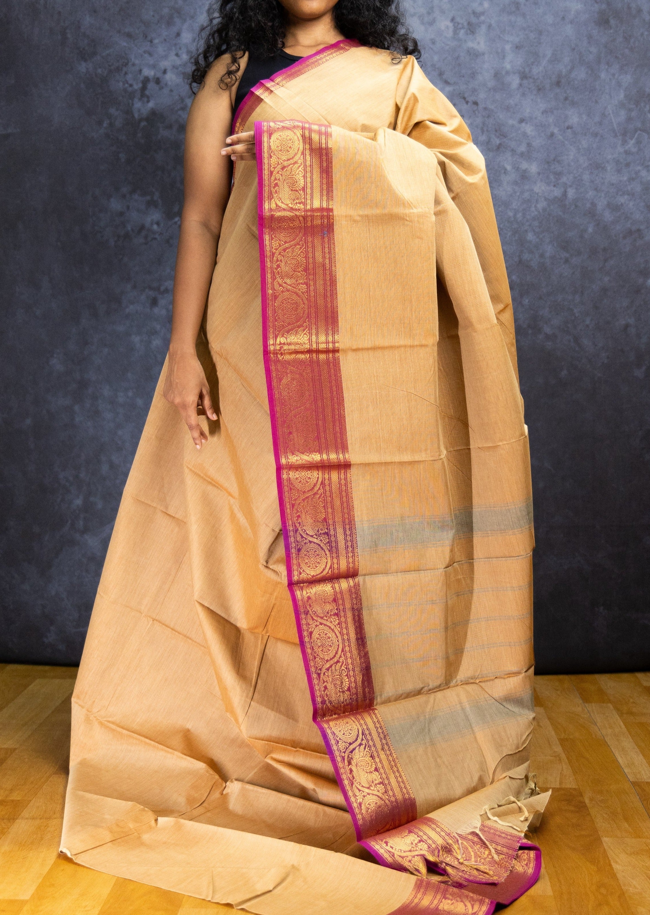 Light Beige and Purple Chettinadu Cotton Saree