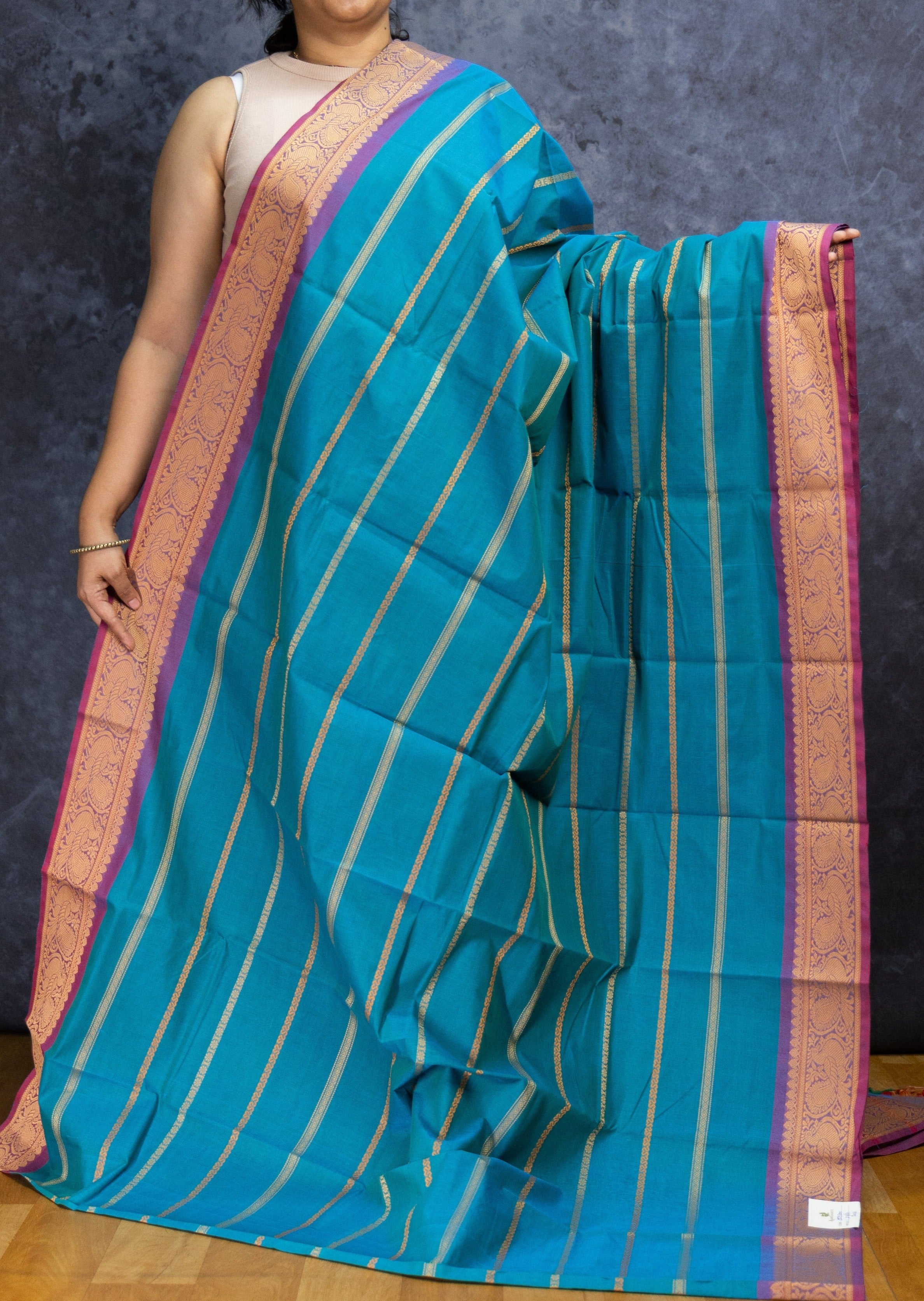 Turquoise Stripes Veldhari Cotton Saree