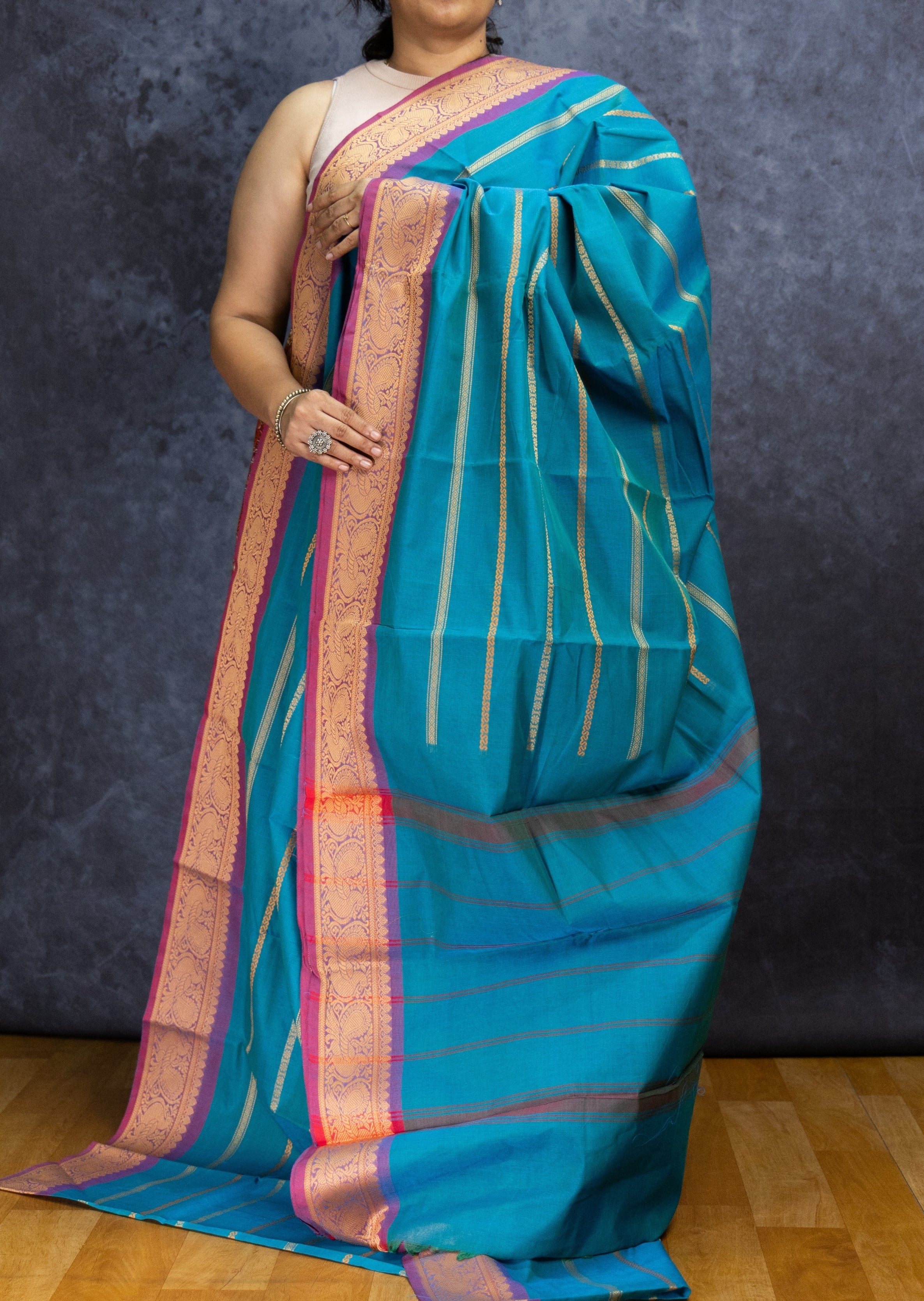 Turquoise Stripes Veldhari Cotton Saree