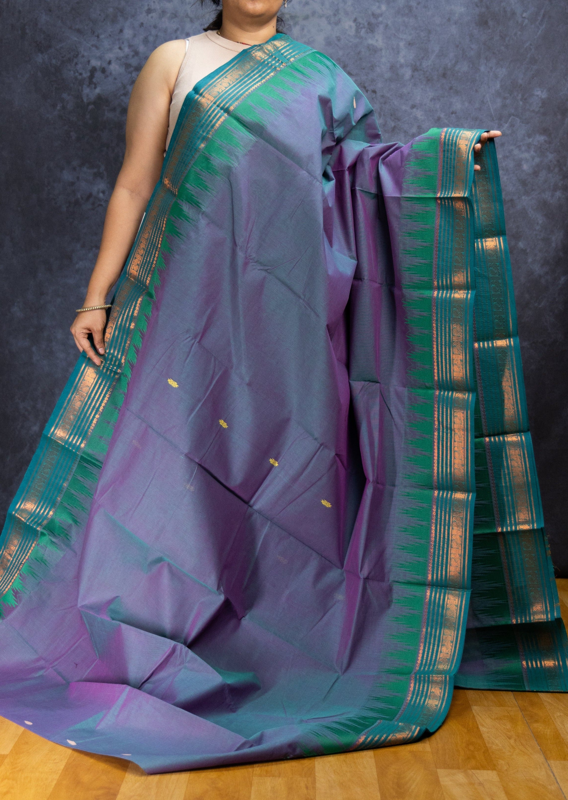 Bluish Grey and Green Thazhampoo Cotton Saree