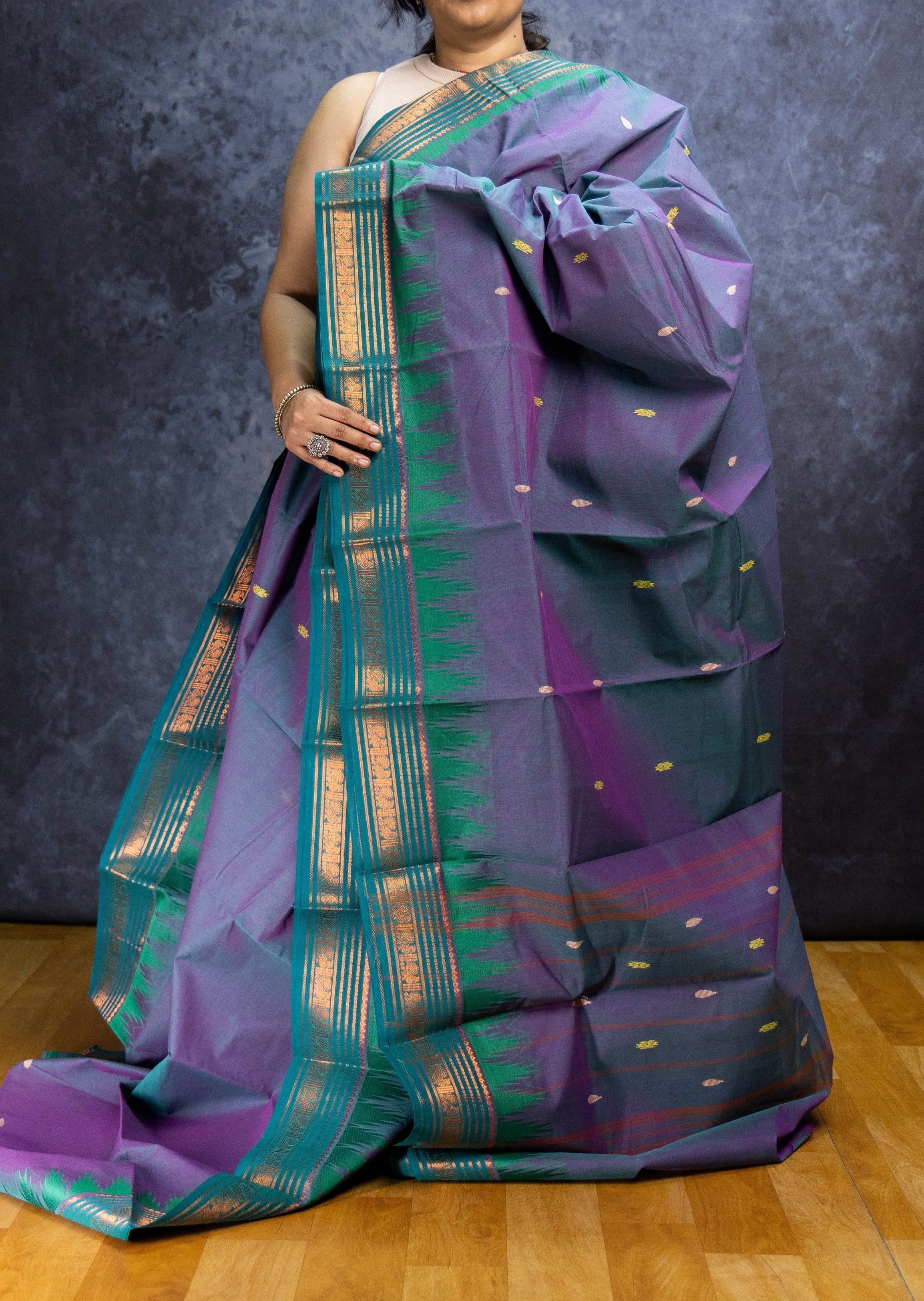 Bluish Grey and Green Thazhampoo Cotton Saree