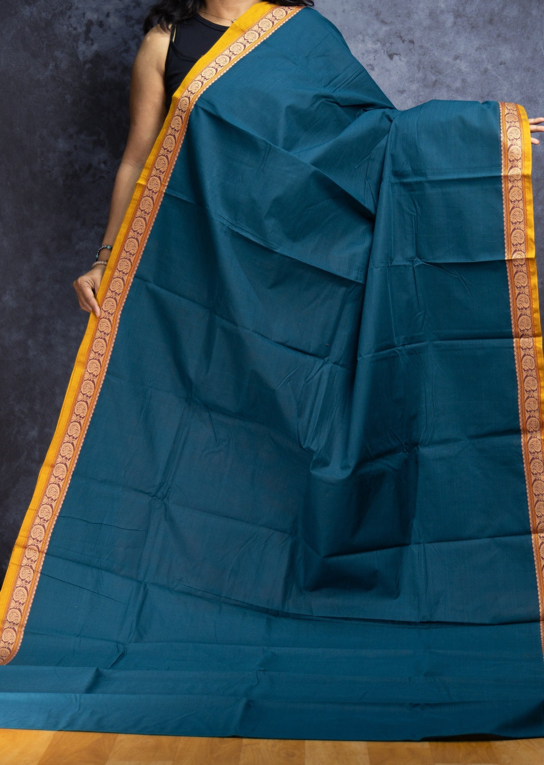 Peacock Blue Small Thread Border Chettinadu Cotton Saree