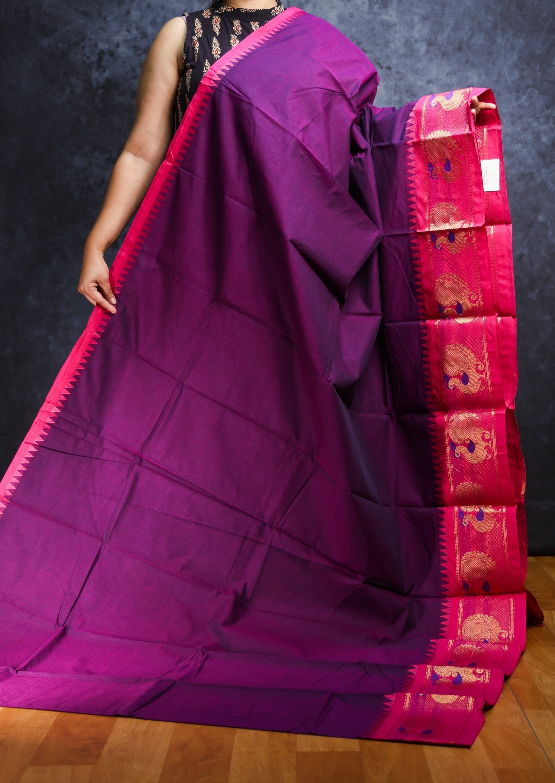 Violet and pink Peacock Chettinadu Cotton Saree