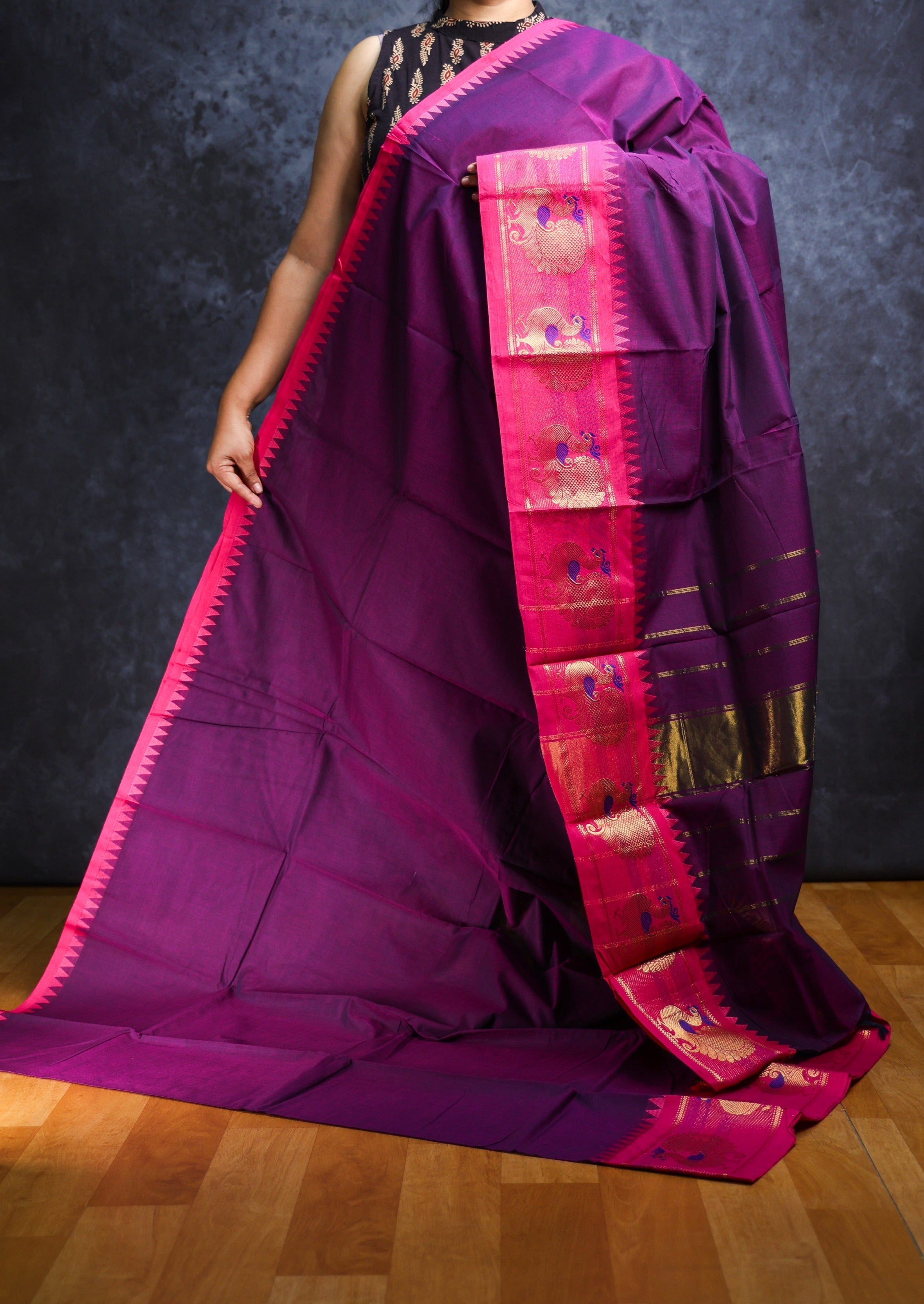 Violet and pink Peacock Chettinadu Cotton Saree