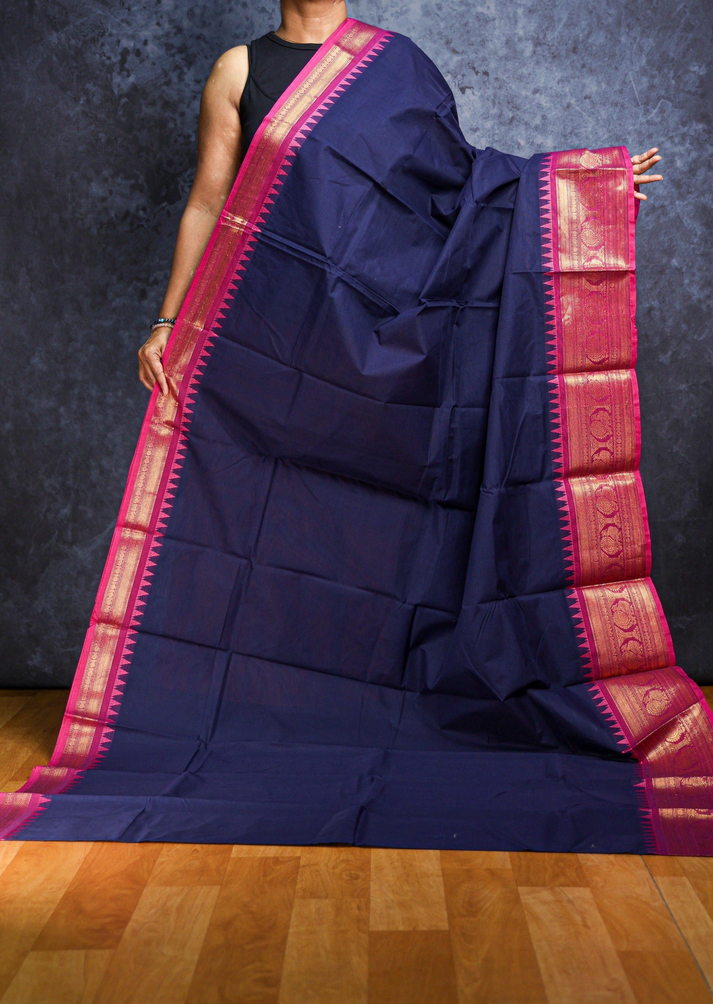 Navy Blue and Pink Big Border Chettinadu Cotton Saree