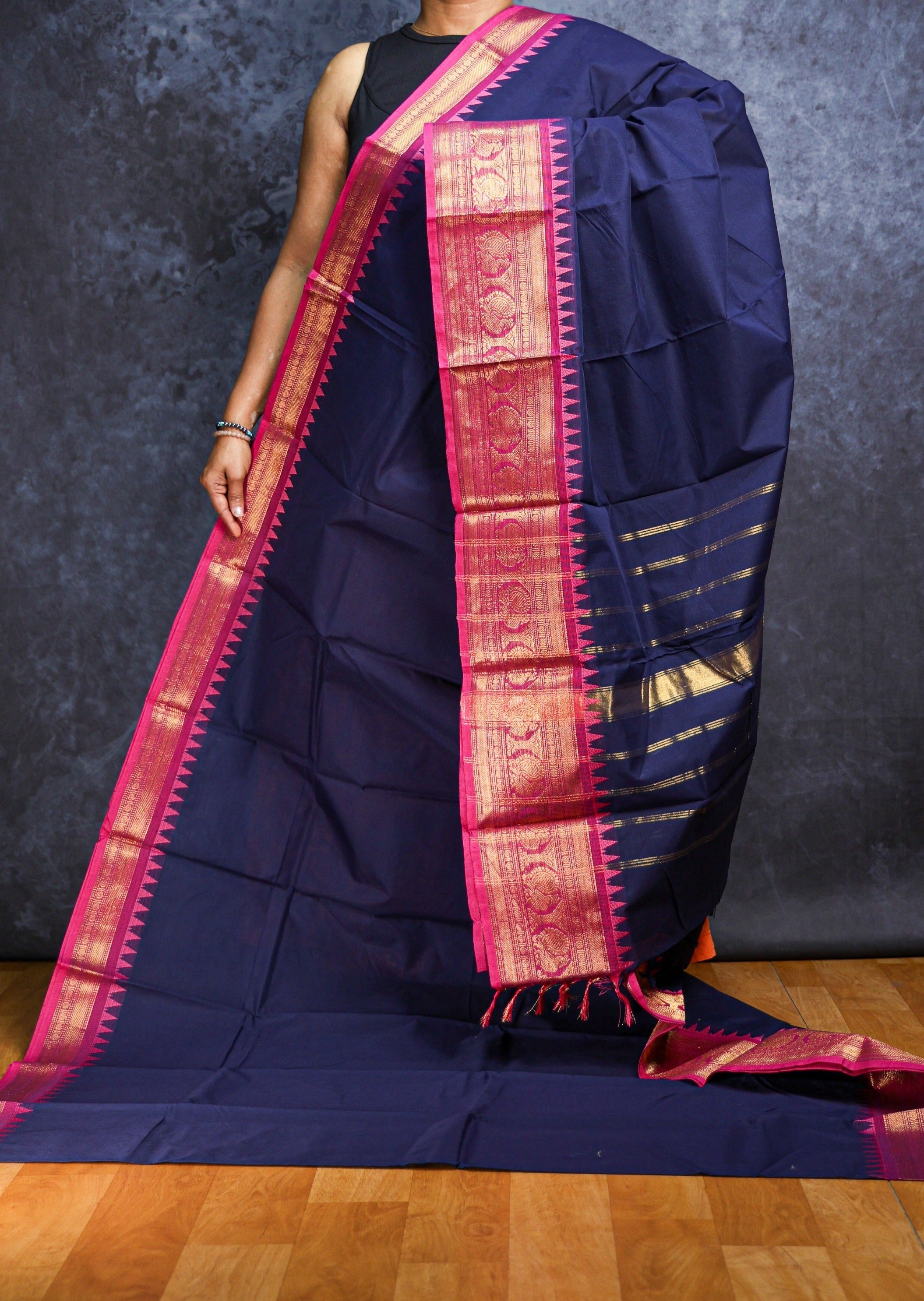 Navy Blue and Pink Big Border Chettinadu Cotton Saree