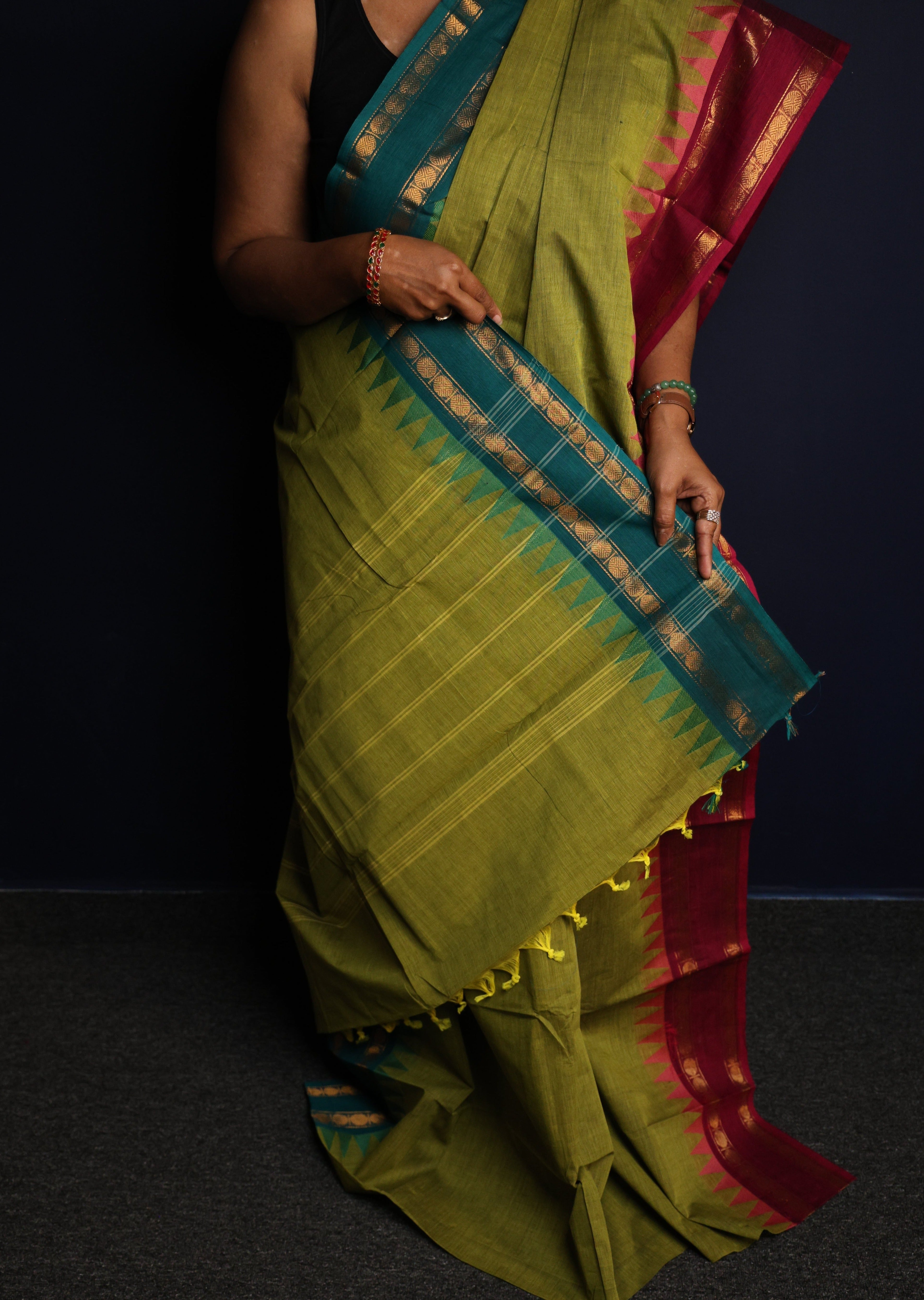 Green Retta Petta Ganga Jamuna Chettinadu Cotton Saree