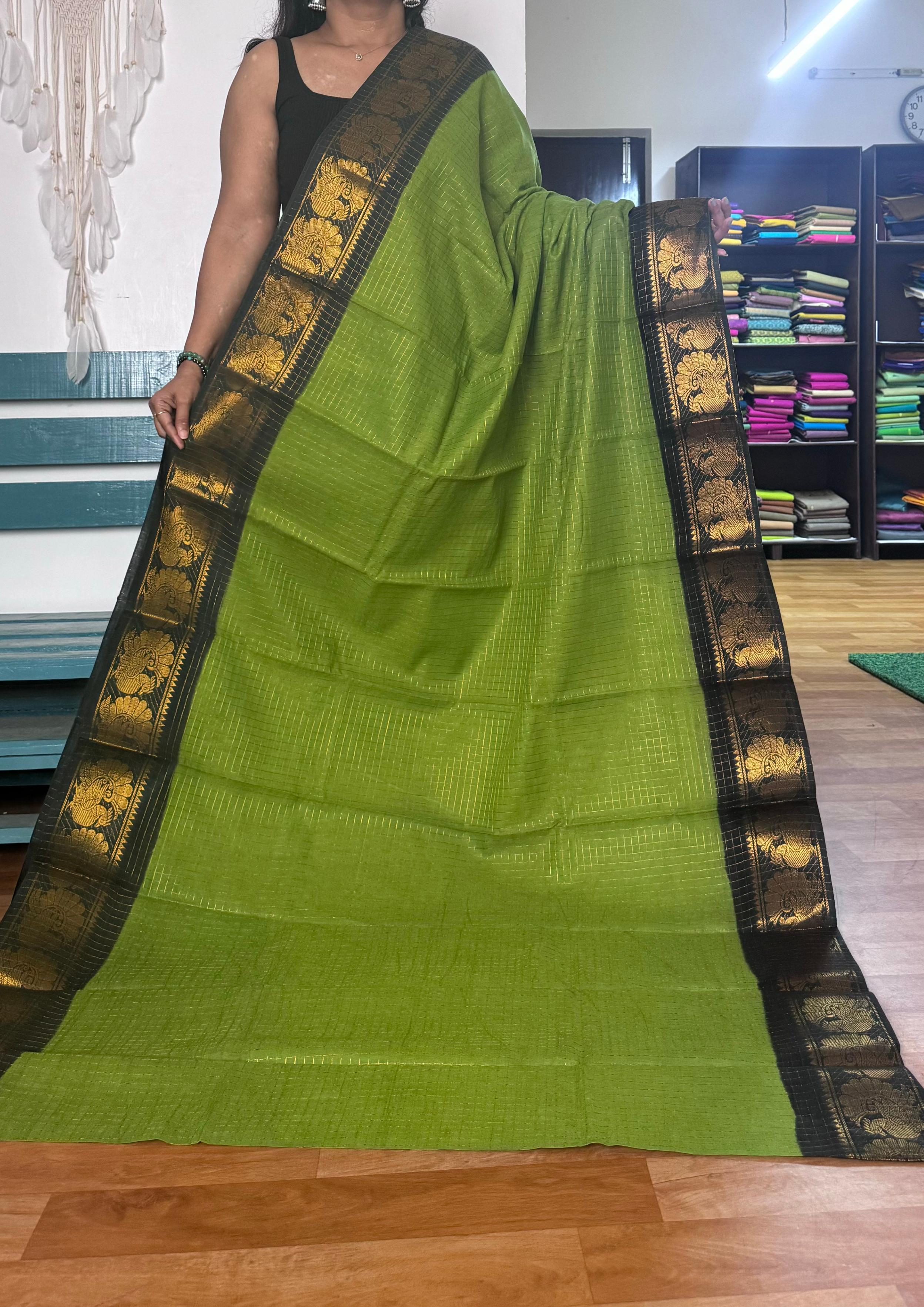 Green and Black Checked Sungudi Cotton Saree