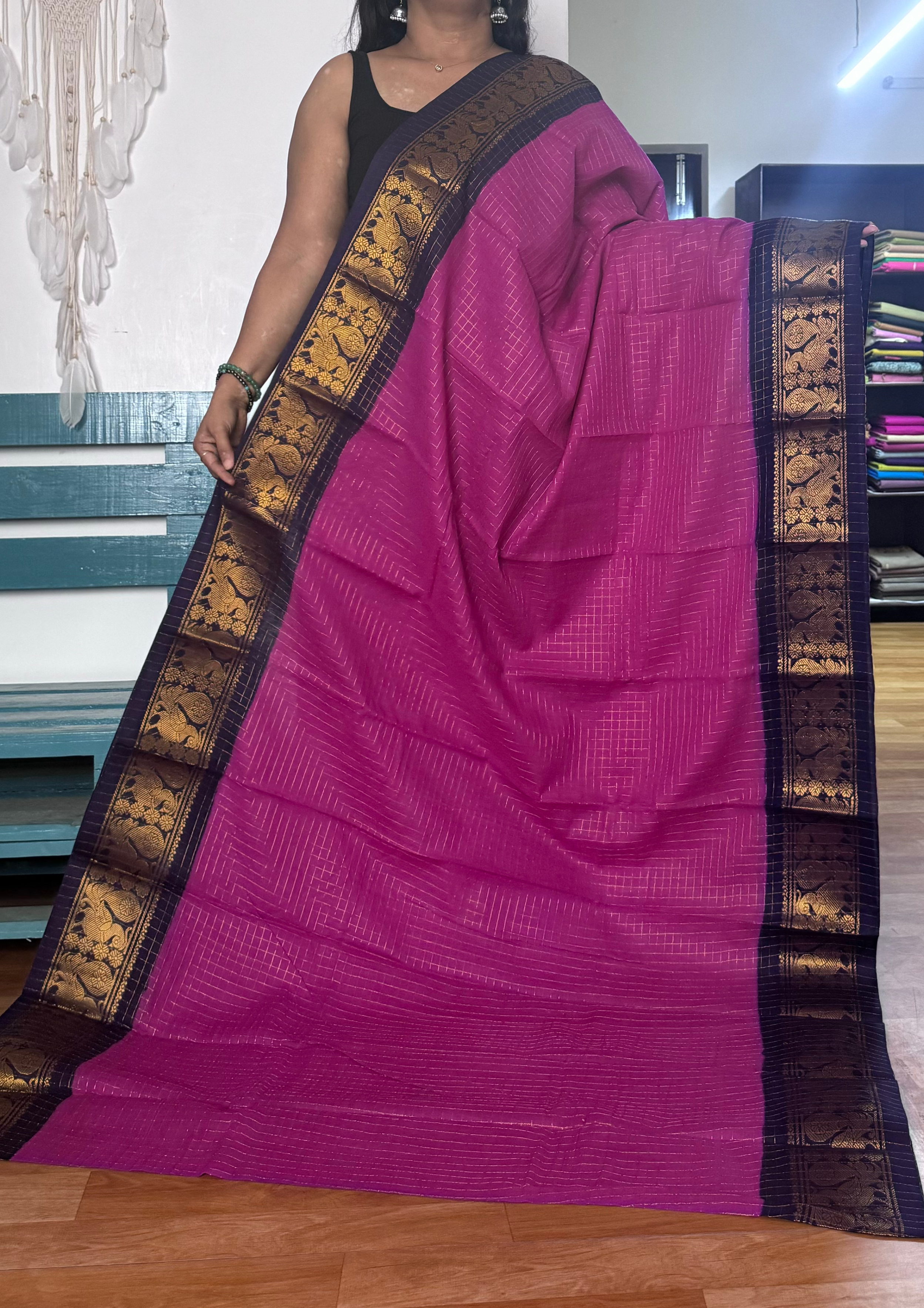 Bright Purple and Blue Checked Sungudi Cotton Saree