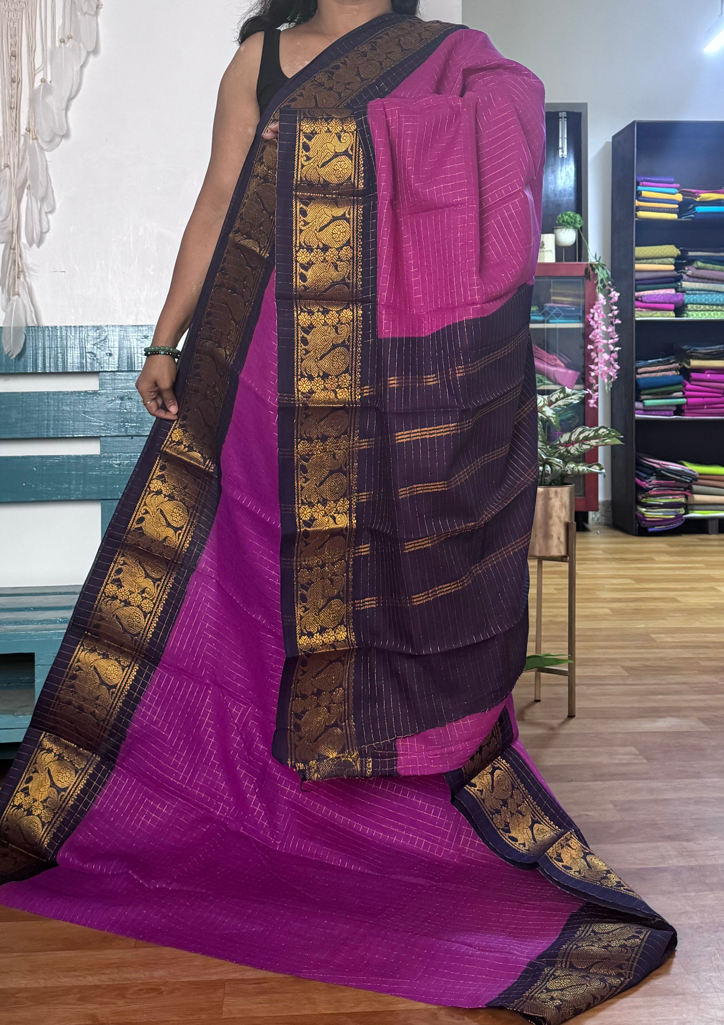 Bright Purple and Blue Checked Sungudi Cotton Saree