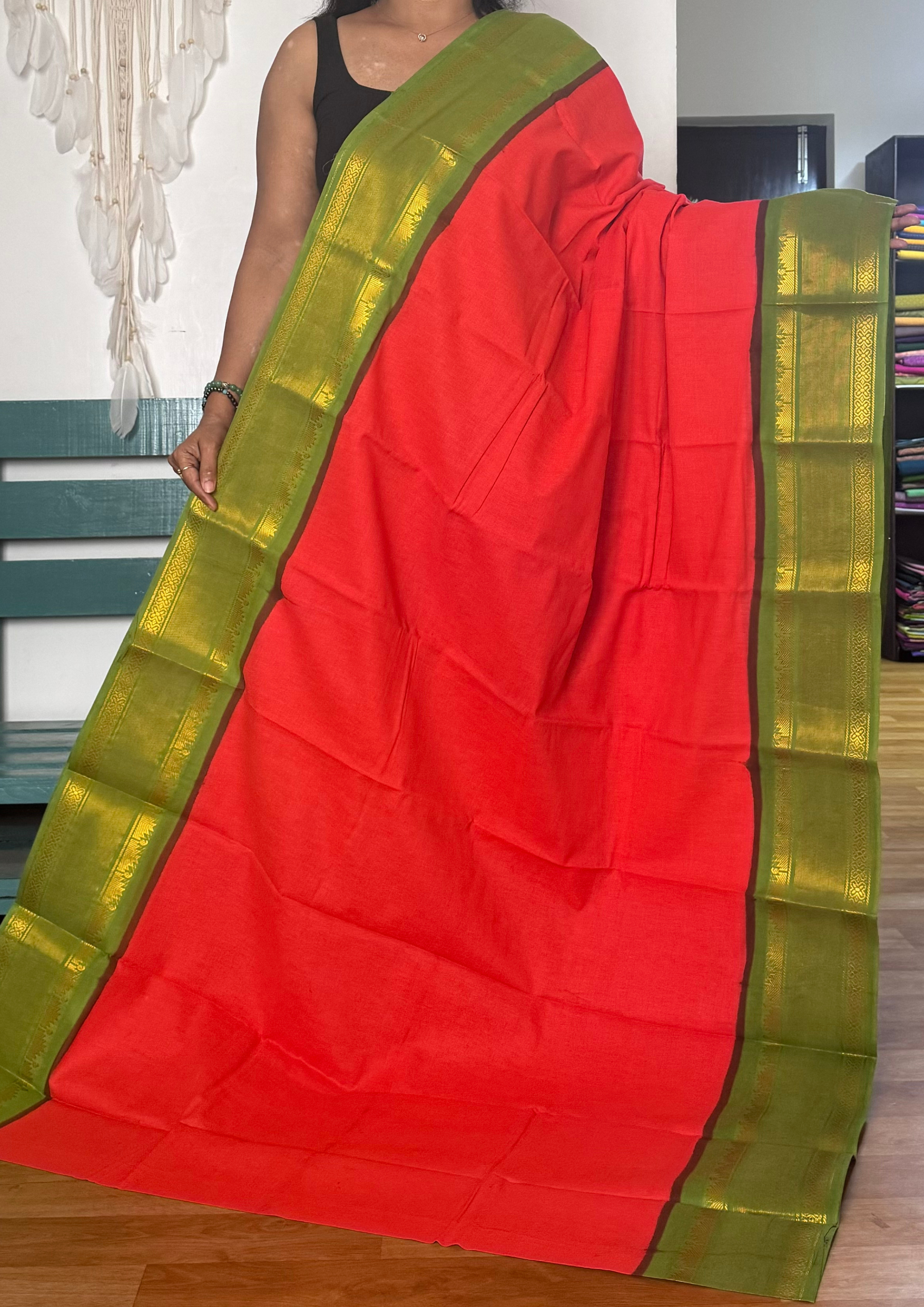 Tomato Red and Green Sungudi Cotton Saree