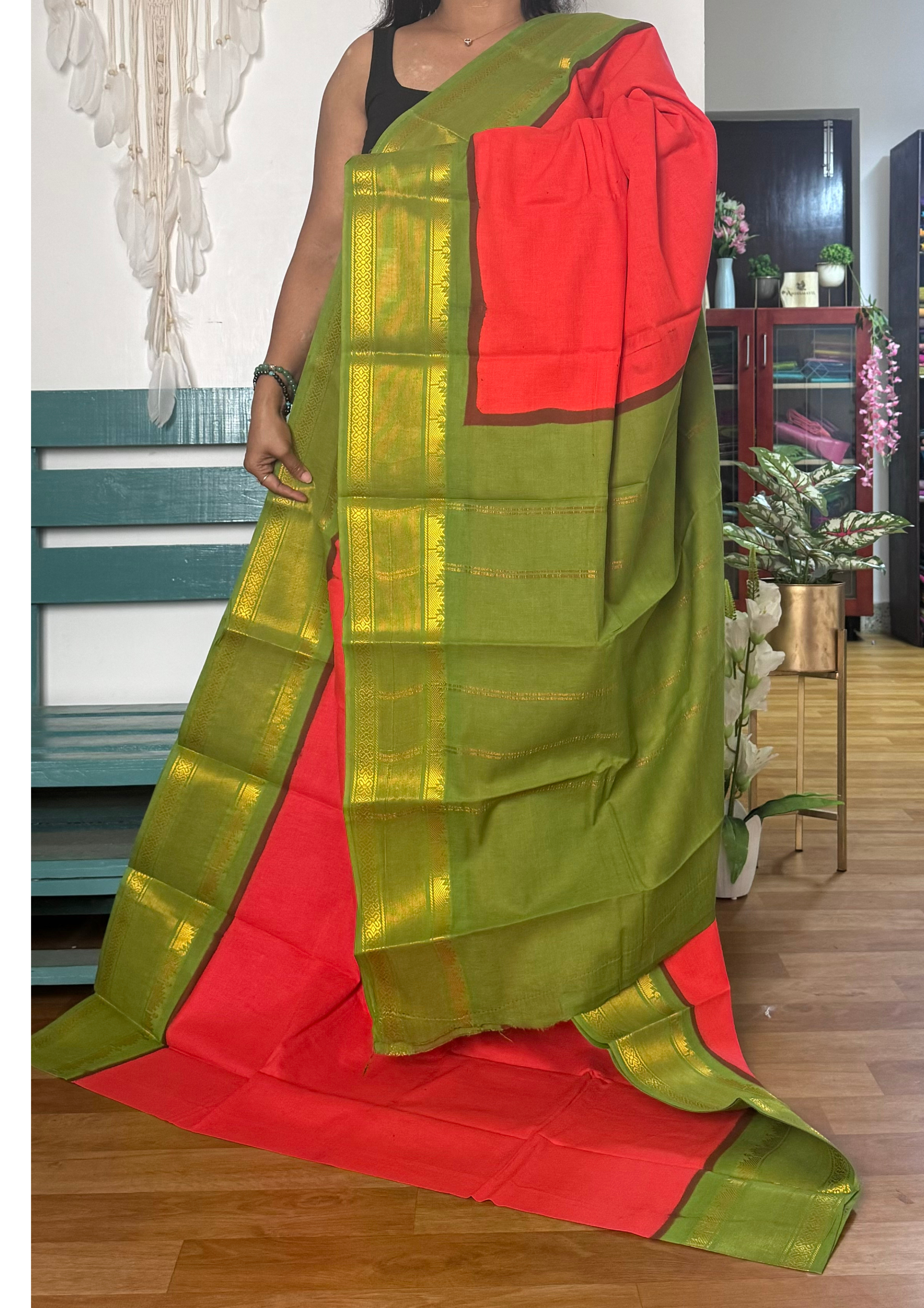 Tomato Red and Green Sungudi Cotton Saree