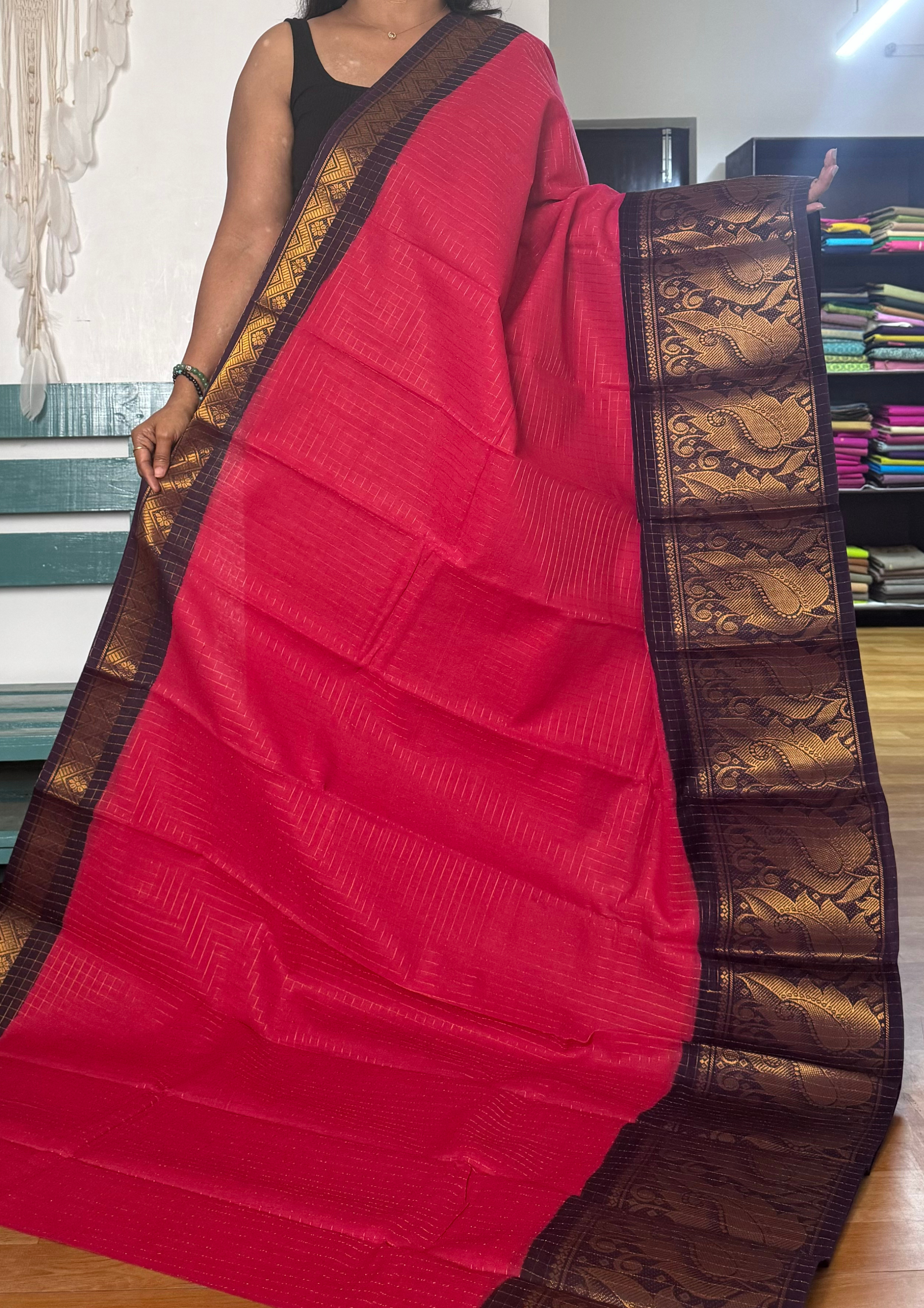 Pink Checkedand Blue Sungudi Cotton Saree