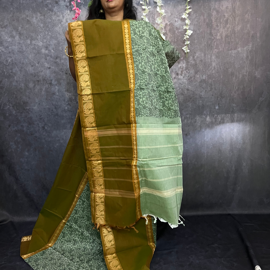 Mint and mehendi green vanasingaram cotton saree