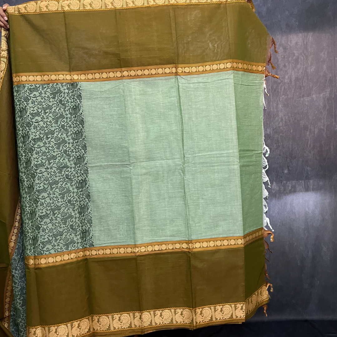 Mint and mehendi green vanasingaram cotton saree