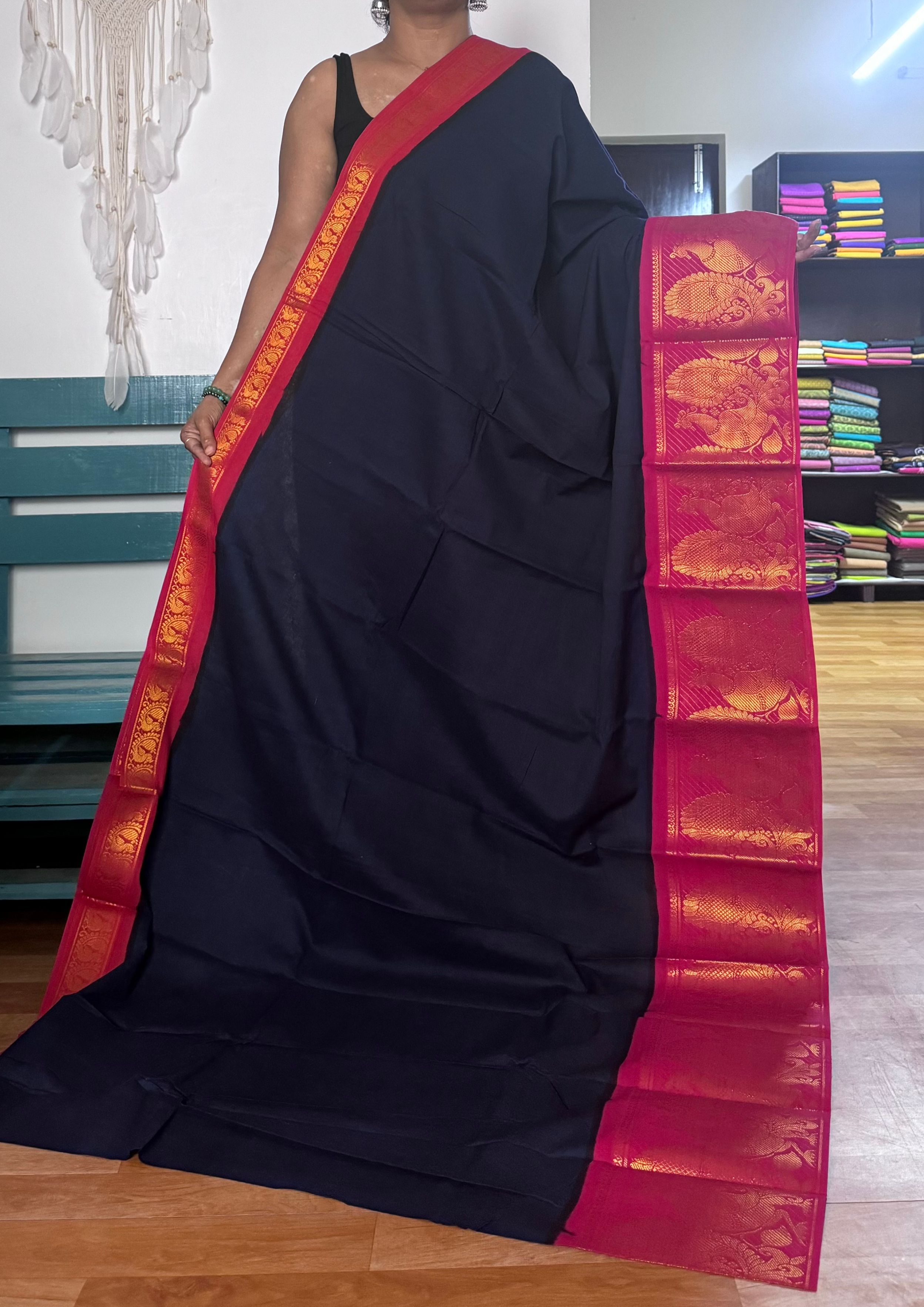 Ink Blue and Red Sungudi Cotton Saree