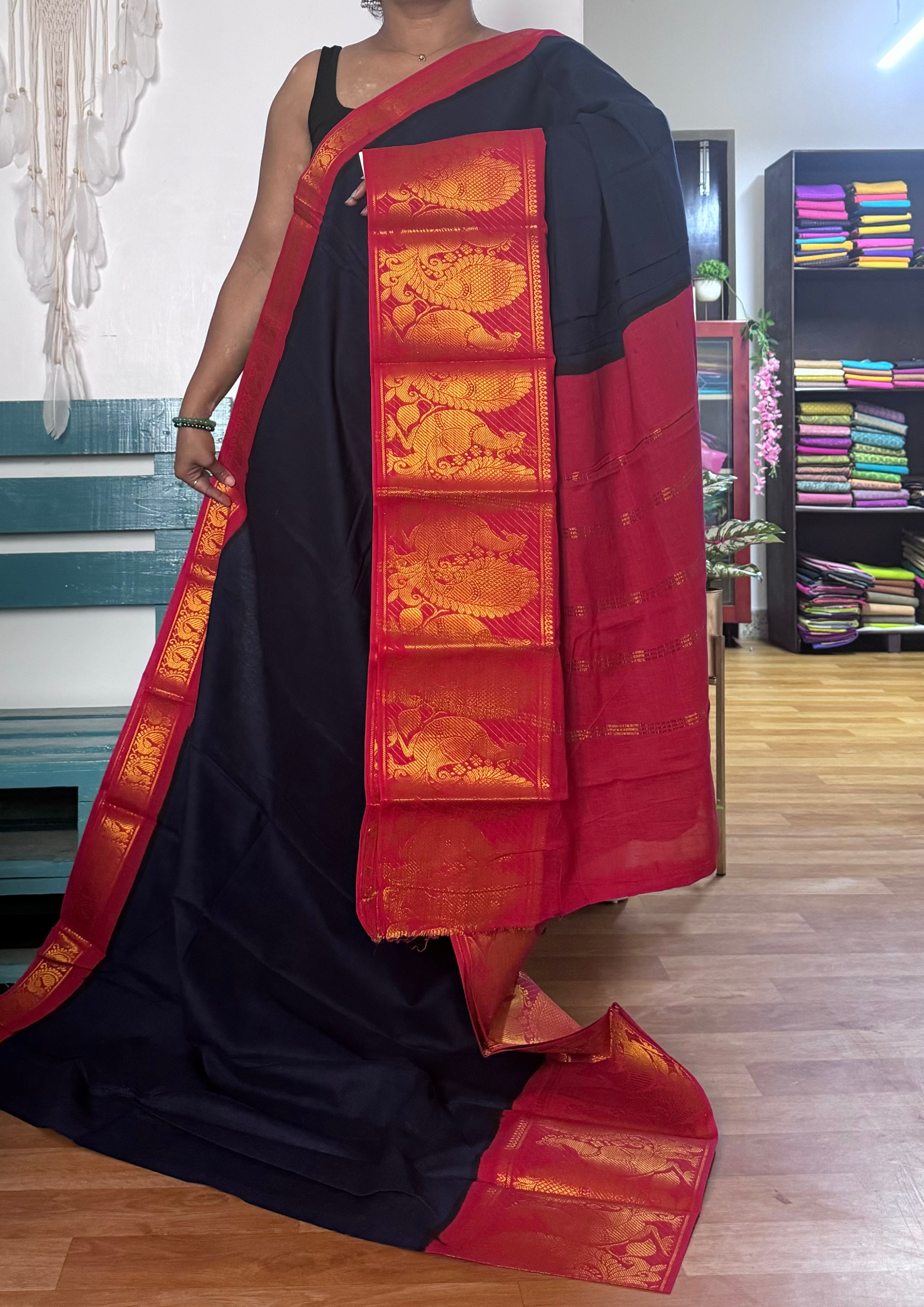 Ink Blue and Red Sungudi Cotton Saree