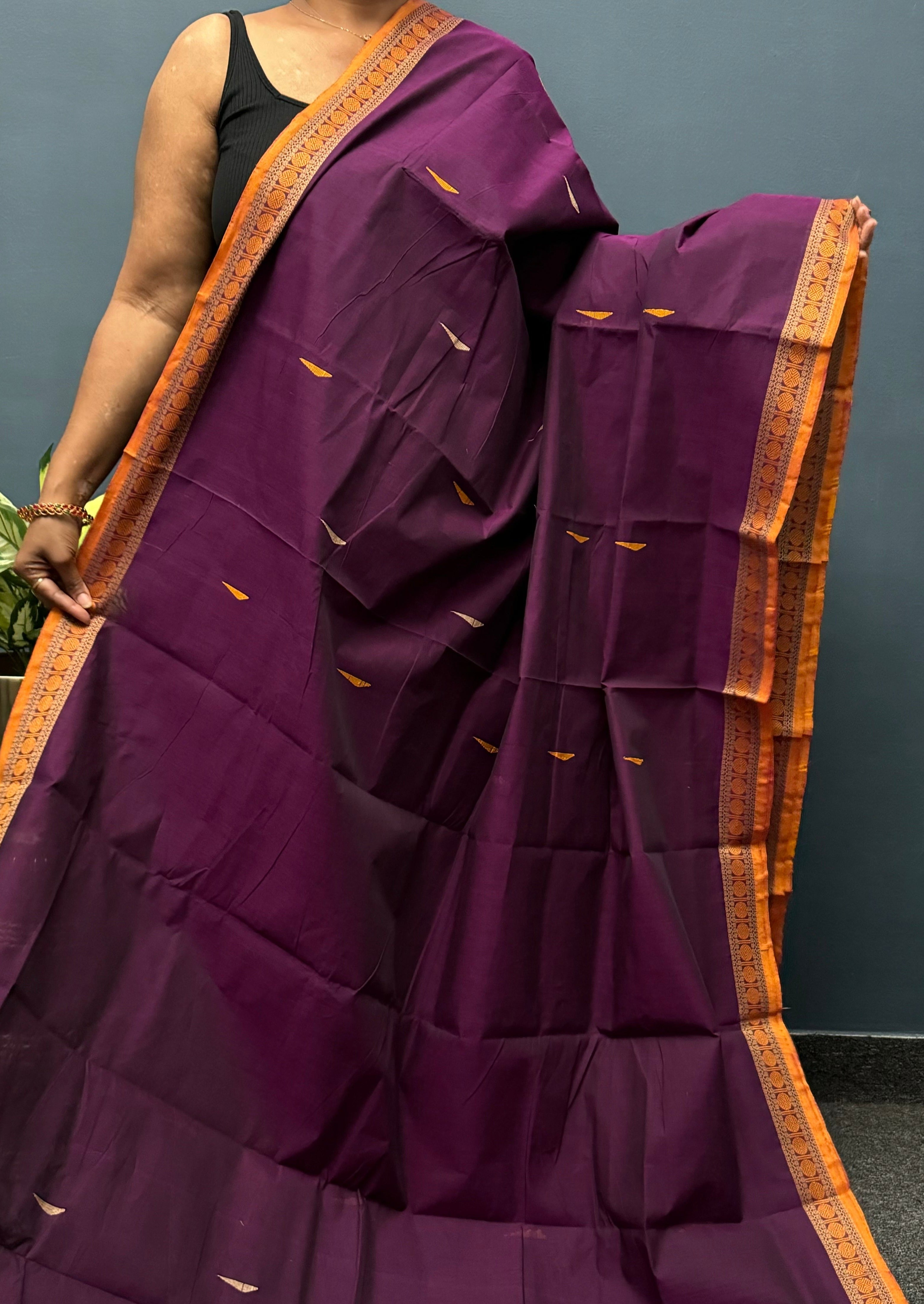 Violet and Mustard Small Border Chettinadu Cotton Saree