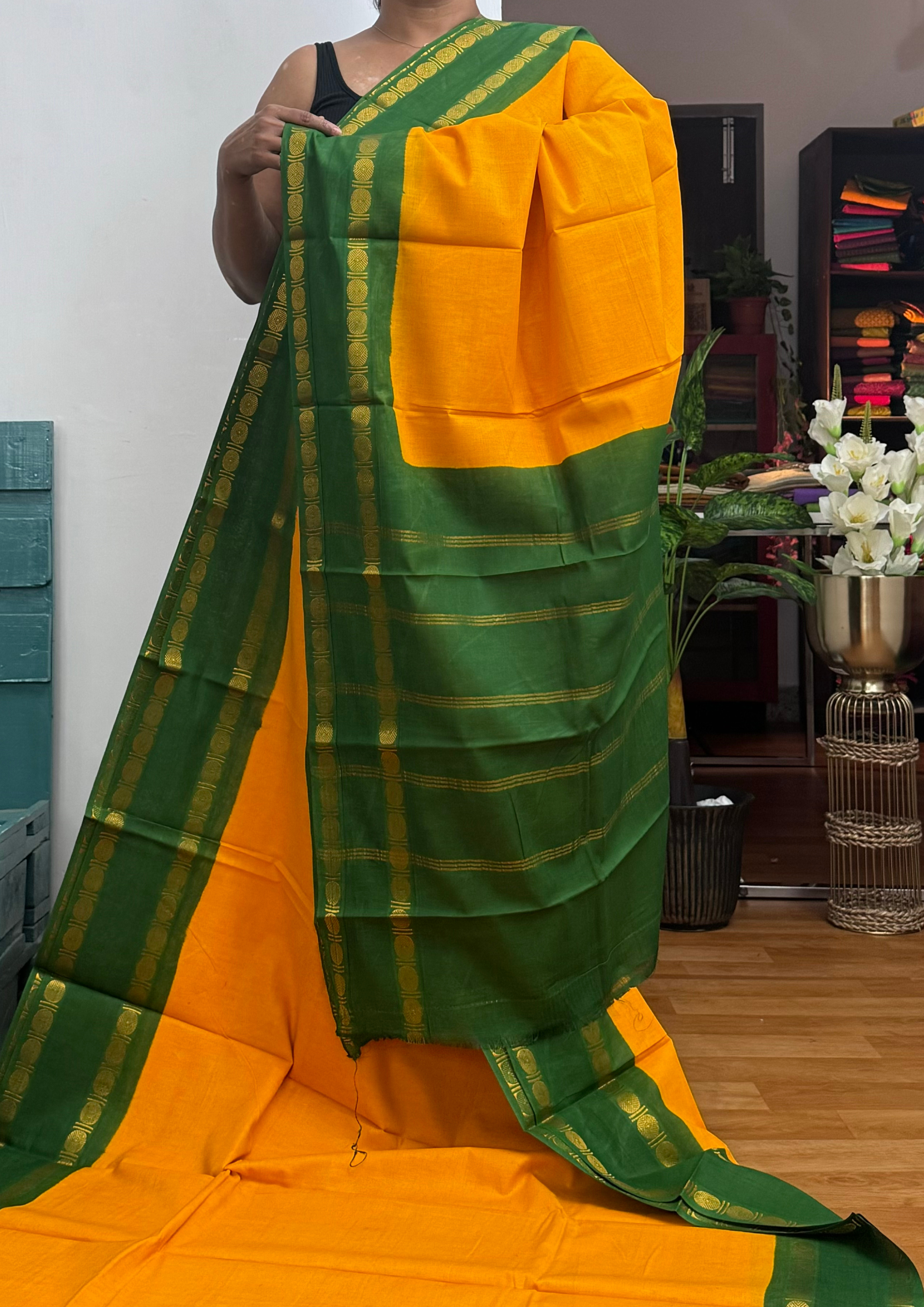 Mango Yellow Retta Petta Border sungudi Cotton Saree