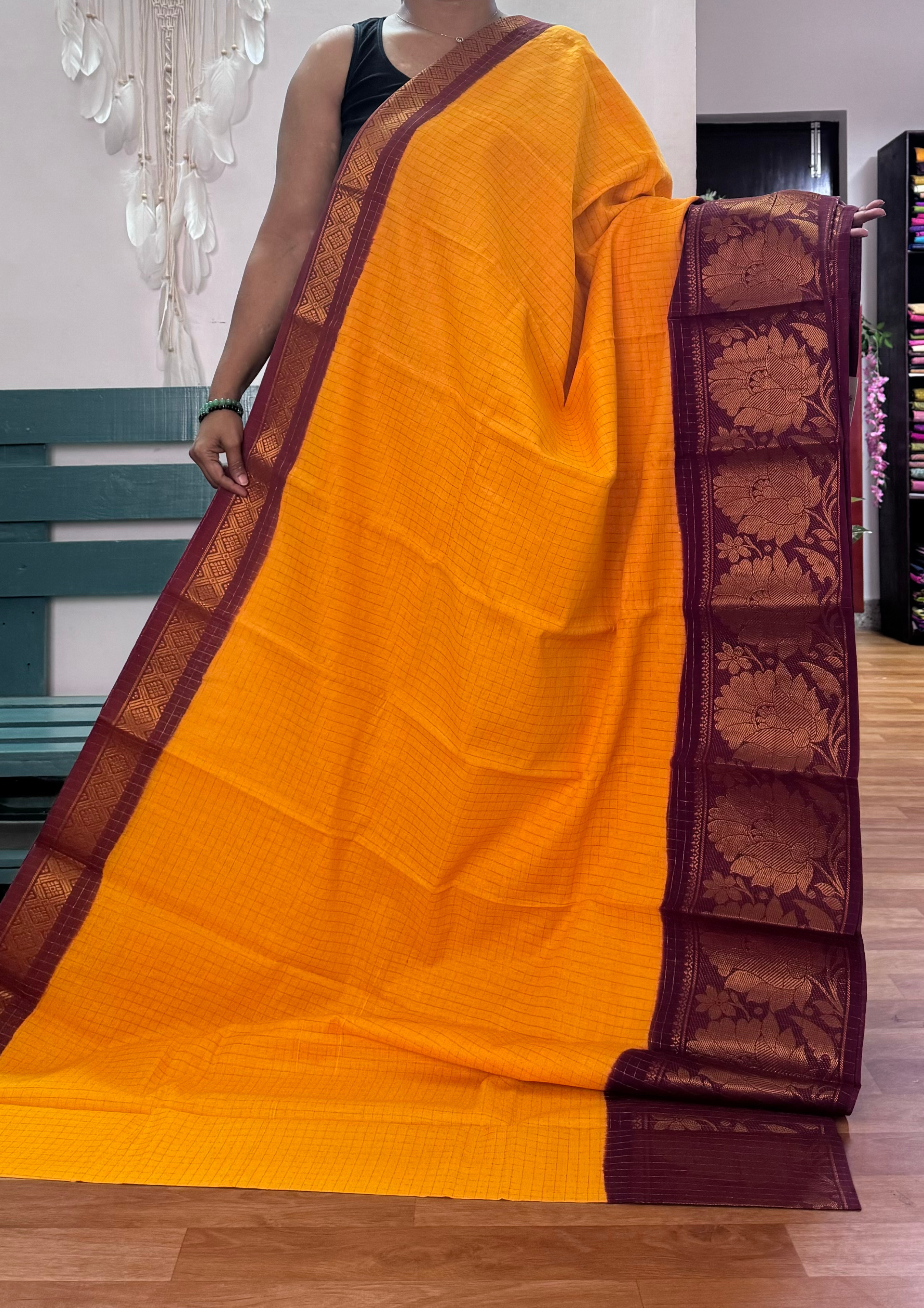 Yellow and Maroon Checked Sungudi Cotton Saree