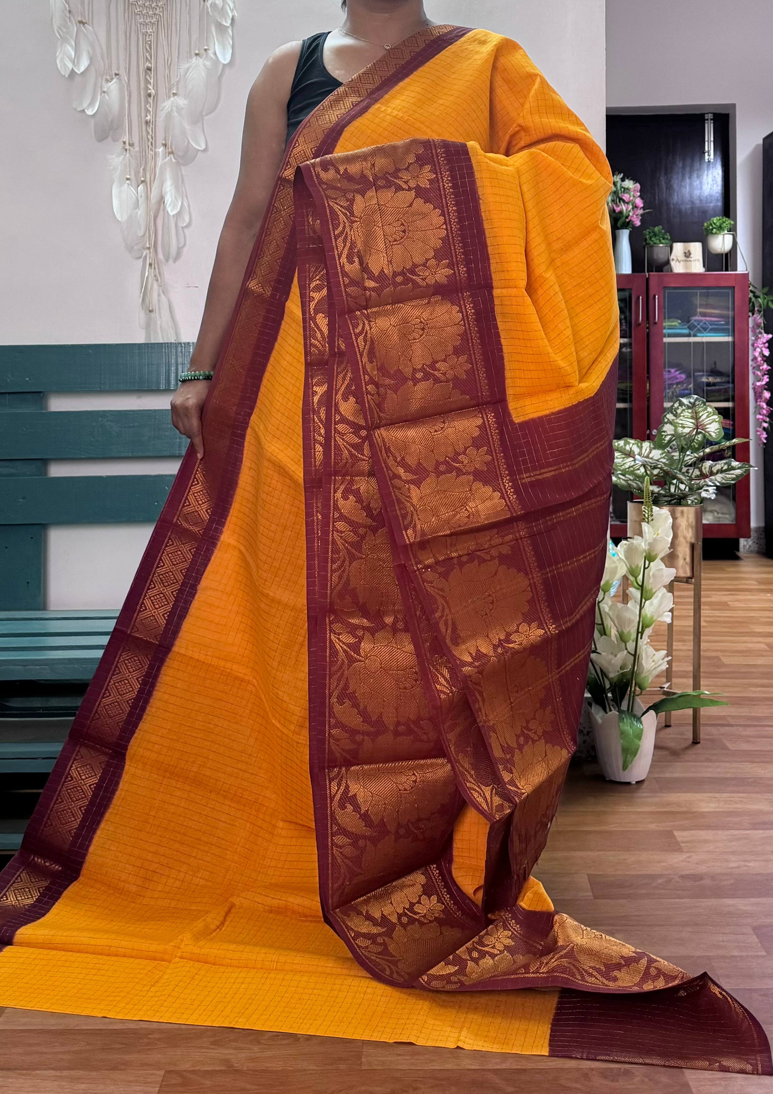 Yellow and Maroon Checked Sungudi Cotton Saree