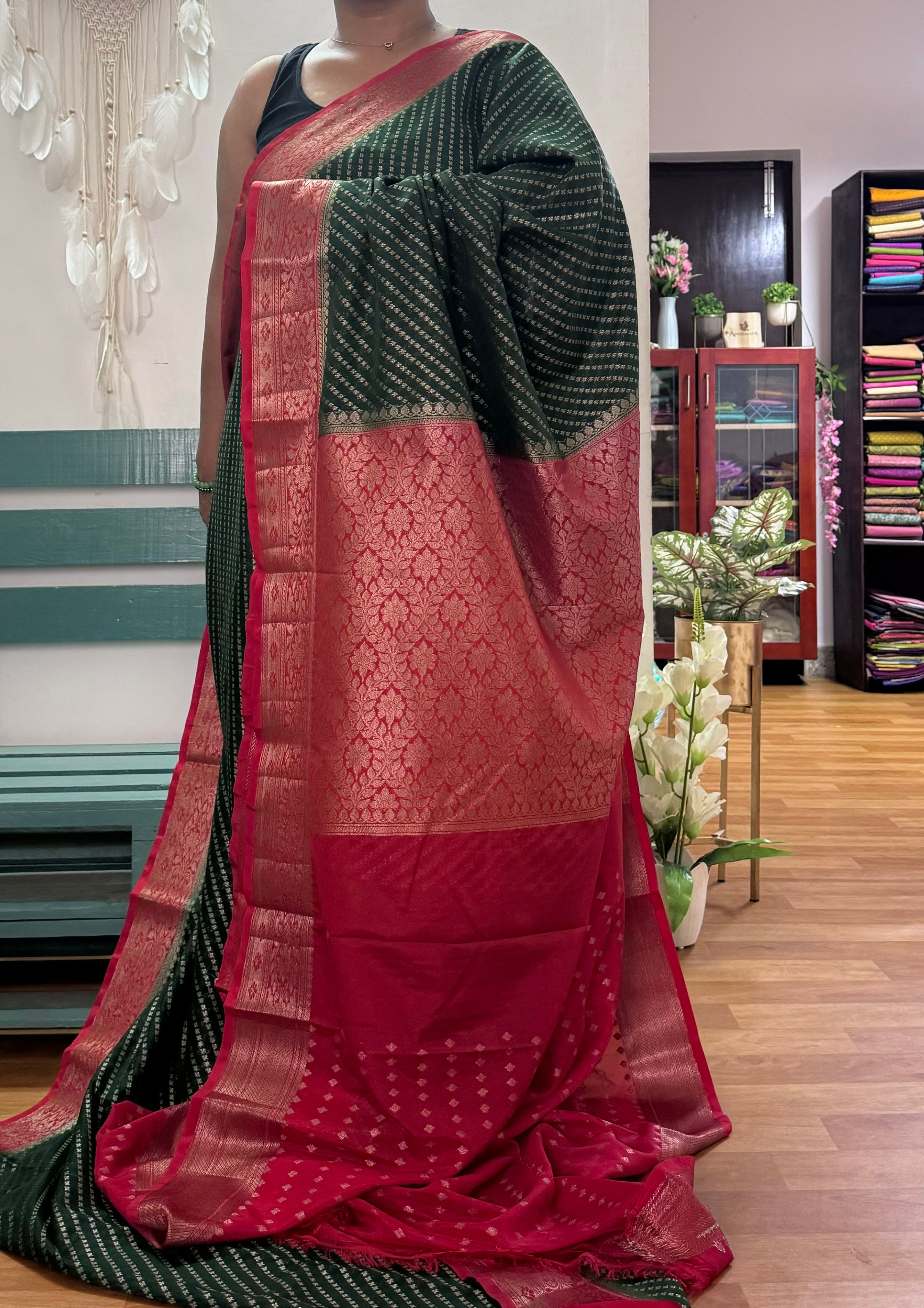 Green and Red Banarasi Sil Saree