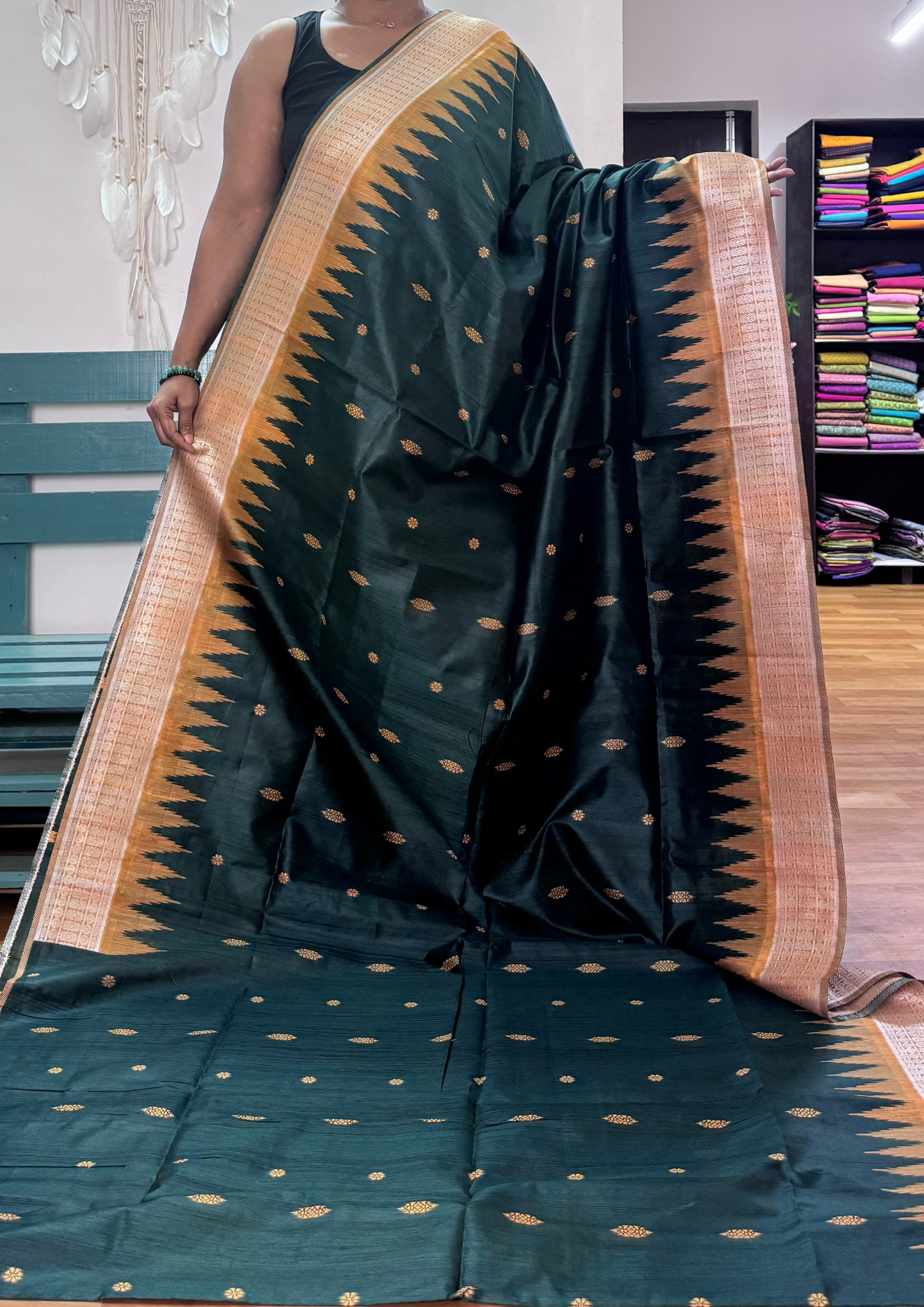 Dark Green and Mustard Banarasi Silk Saree