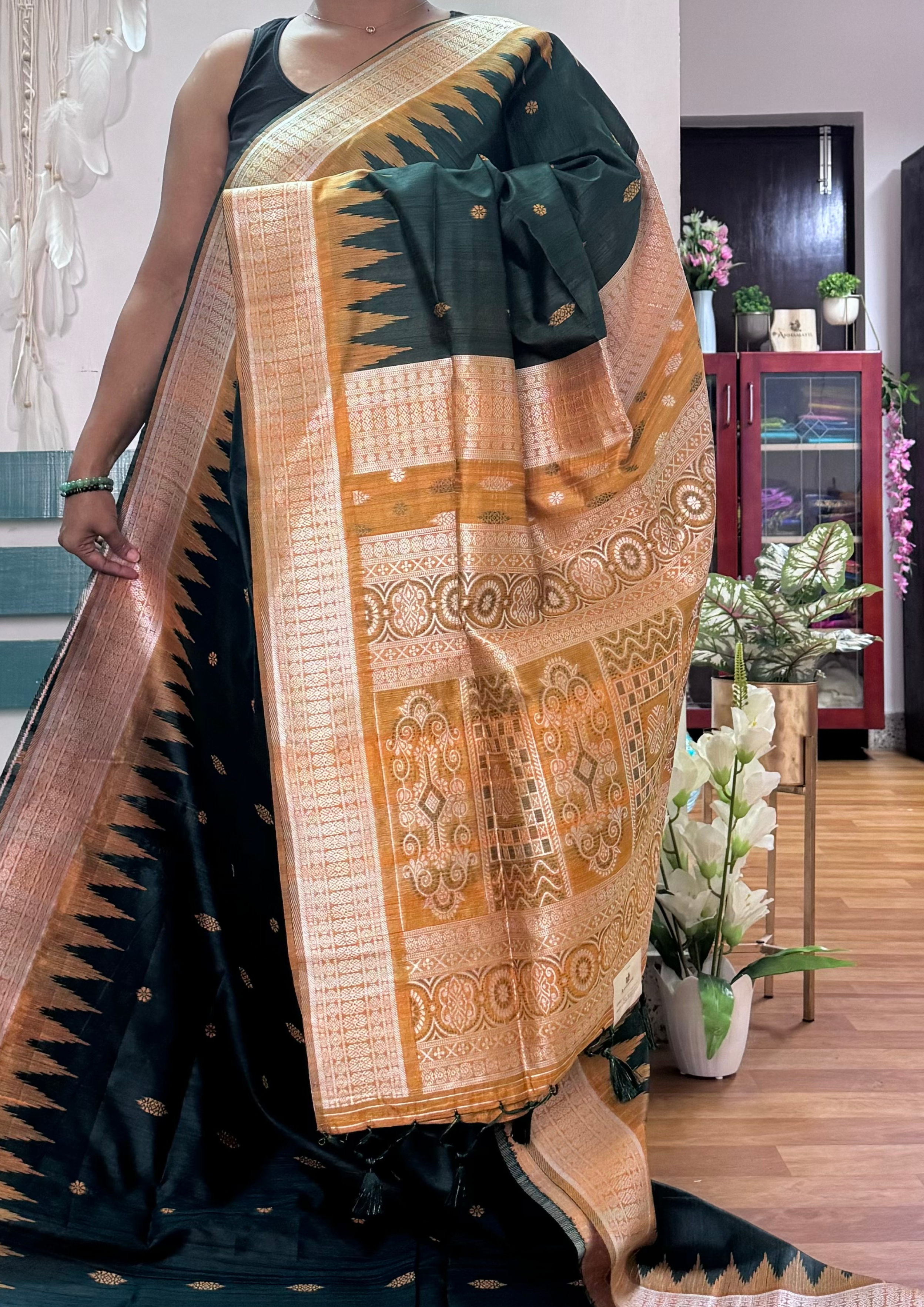 Dark Green and Mustard Banarasi Silk Saree