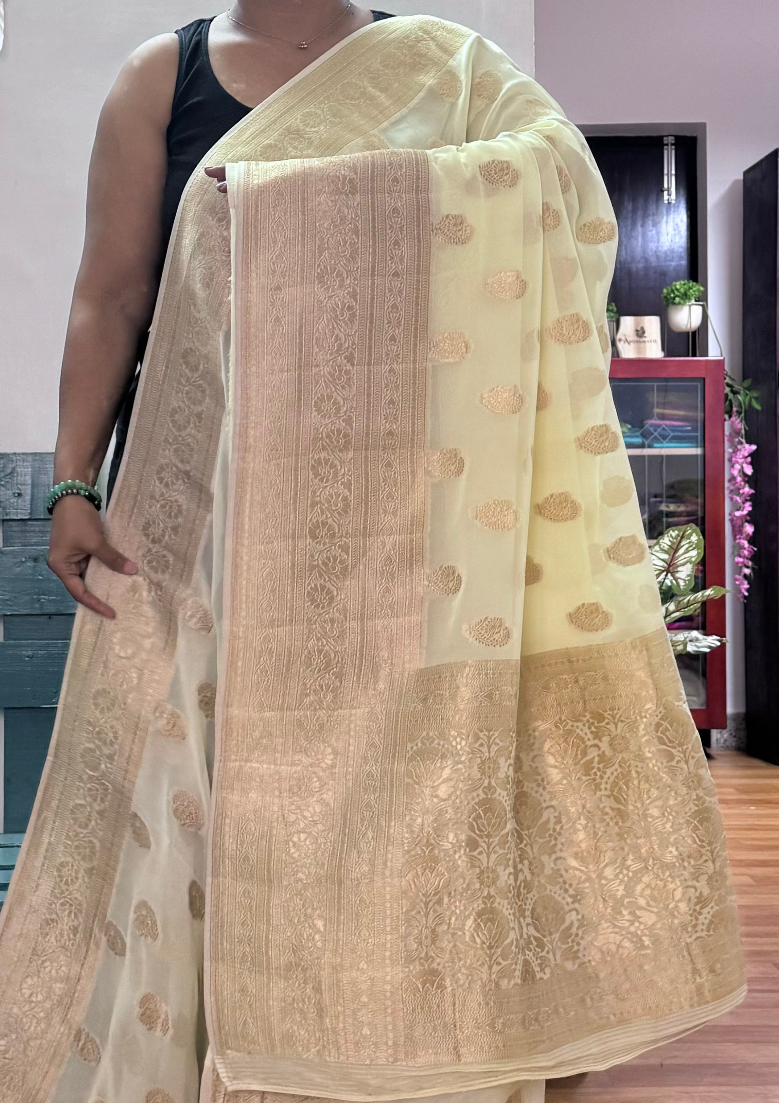 Light Yellow Banarasi Silk Saree