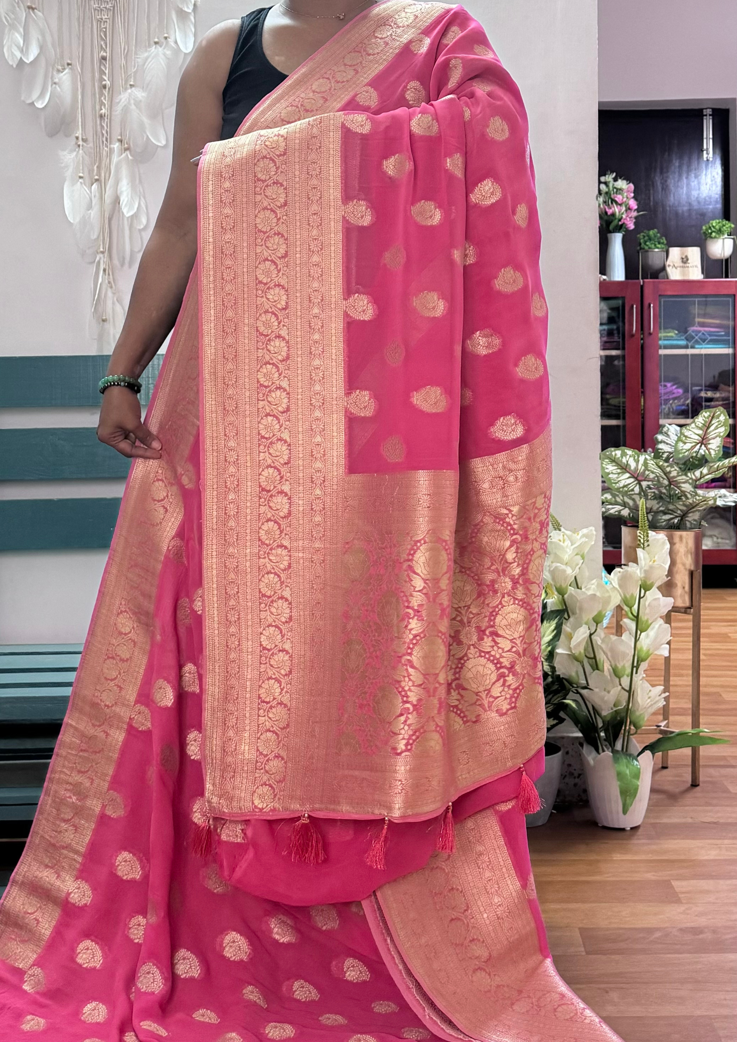 Hot Pink Banarasi Silk Saree