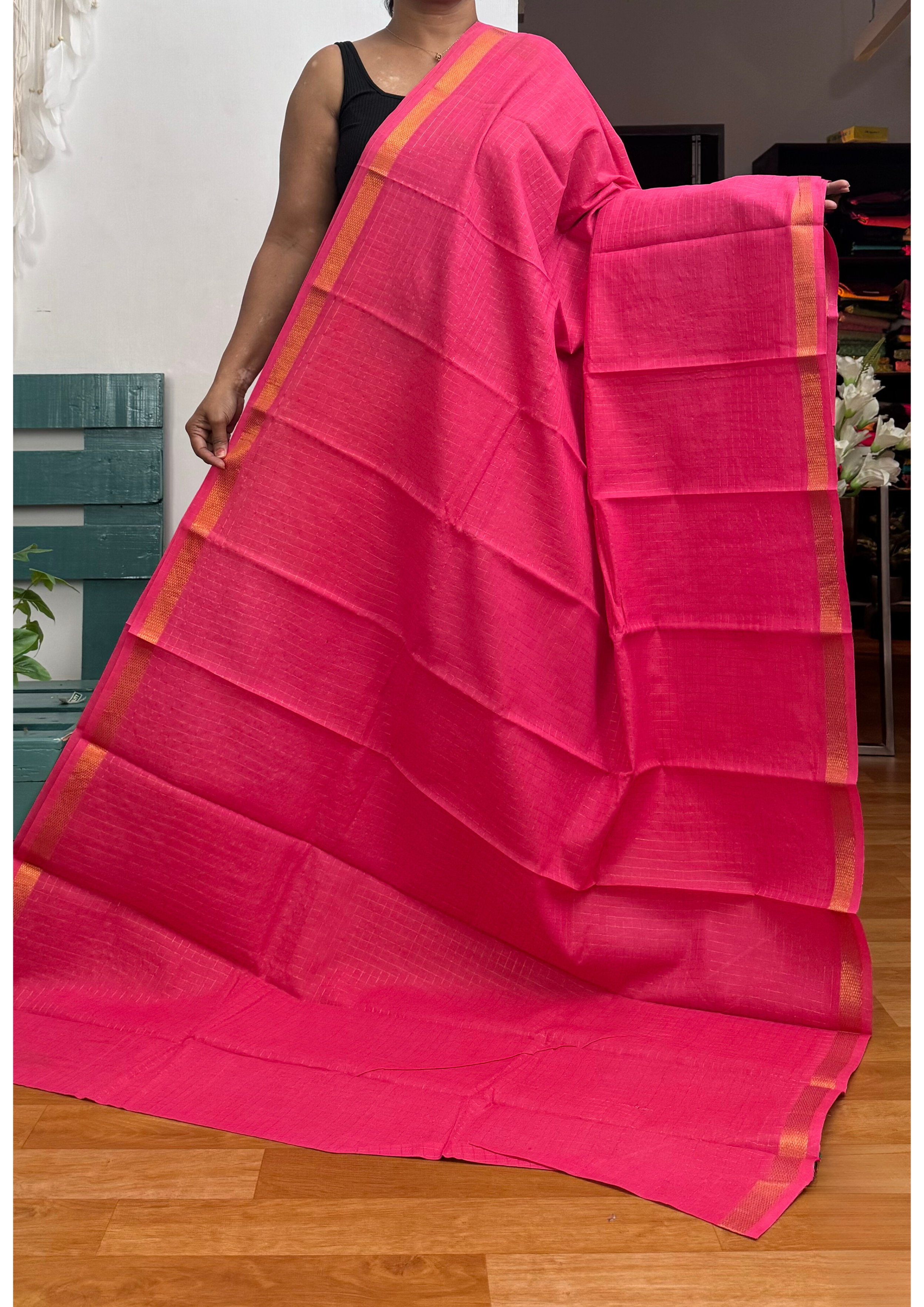 Bright Pink Checked Sungudi Cotton Saree