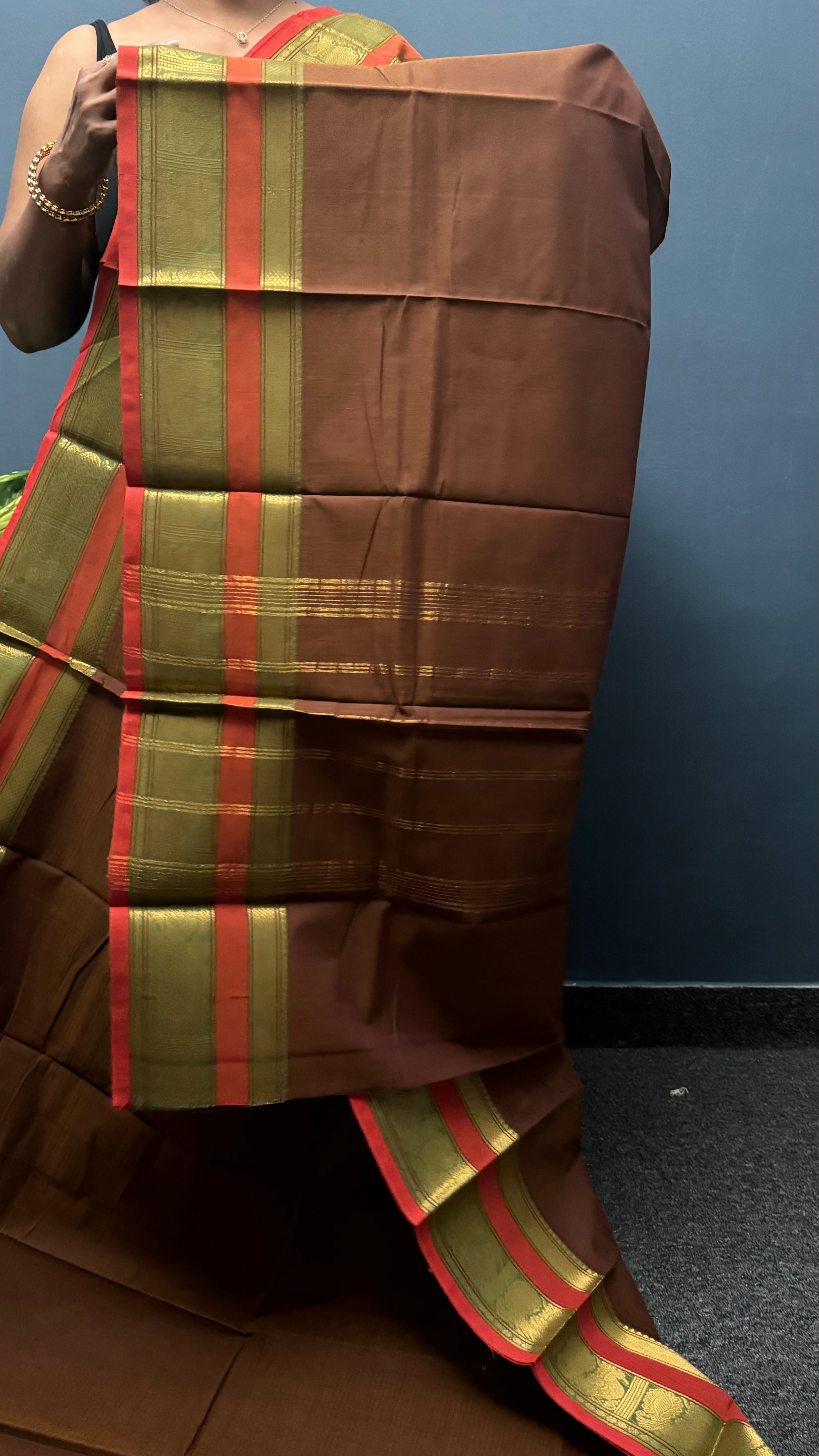 Brown and Green Retta Petta Chettinadu Cotton Saree