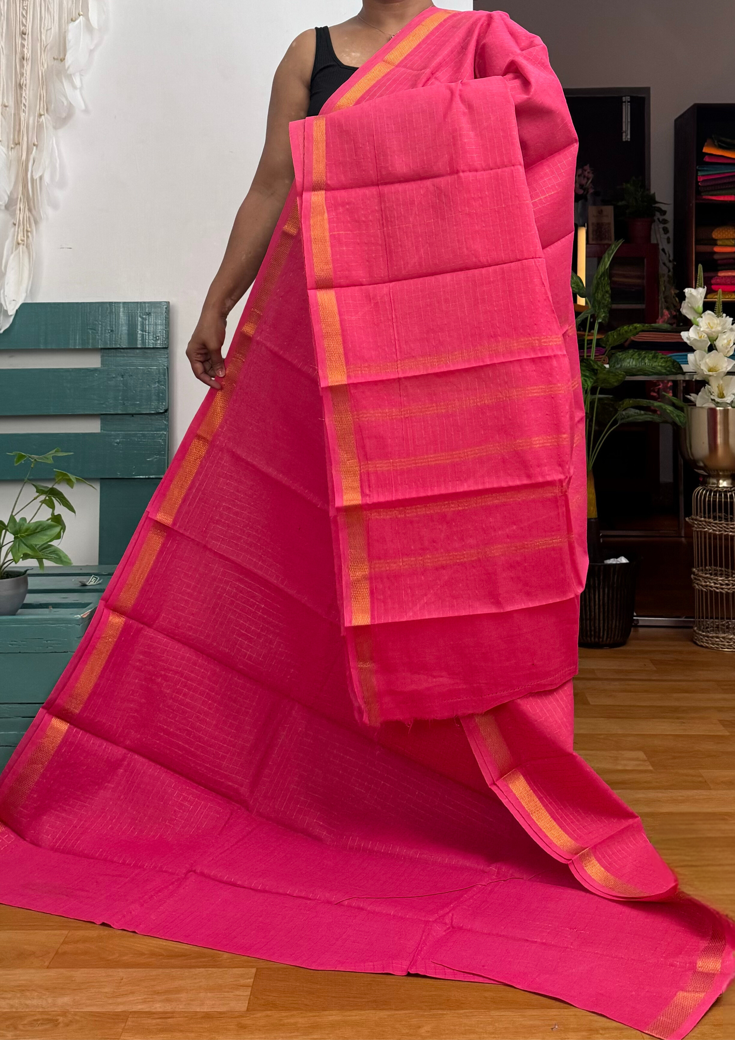 Bright Pink Checked Sungudi Cotton Saree