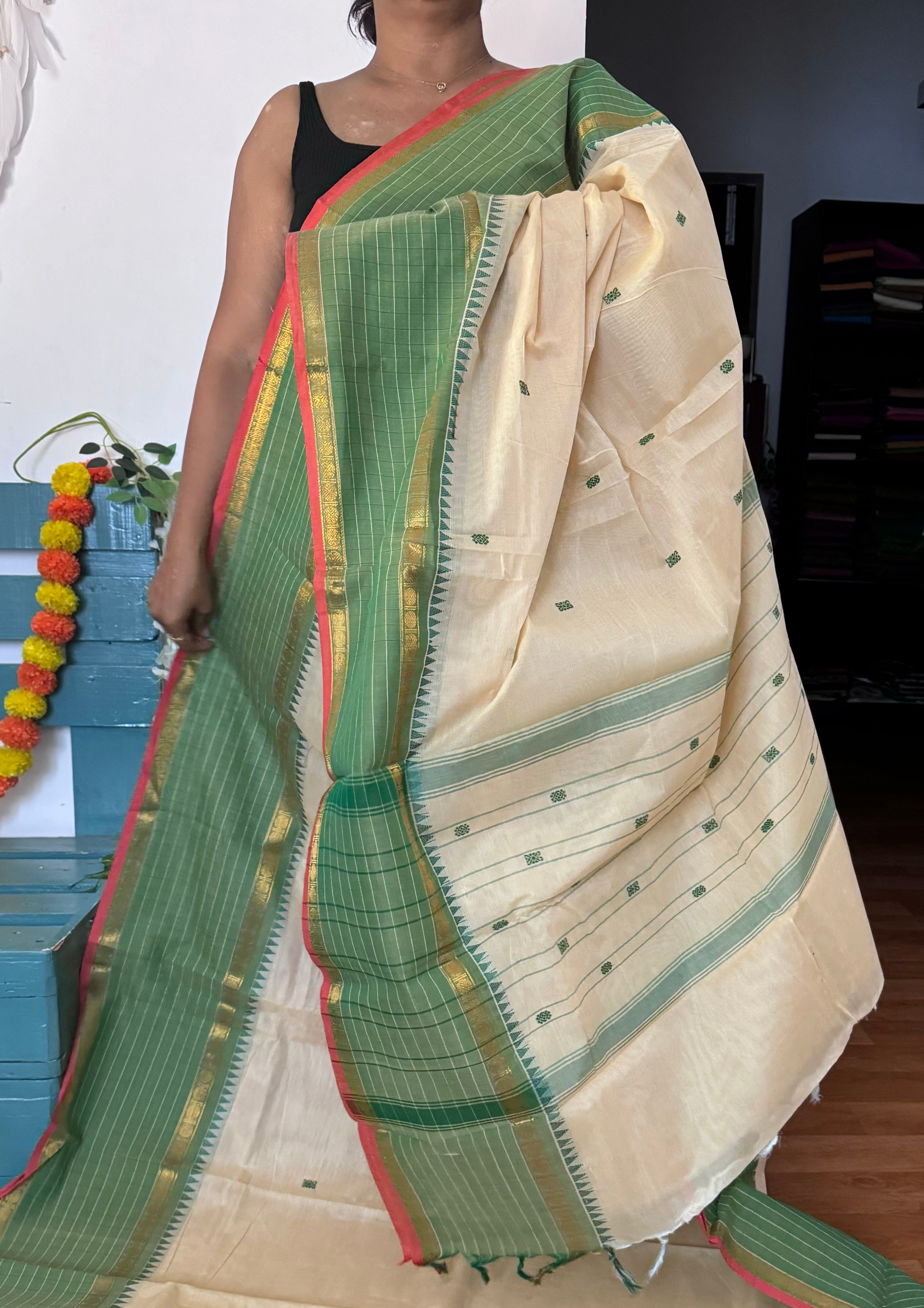 Off White Checked Border Chettinadu Cotton Saree