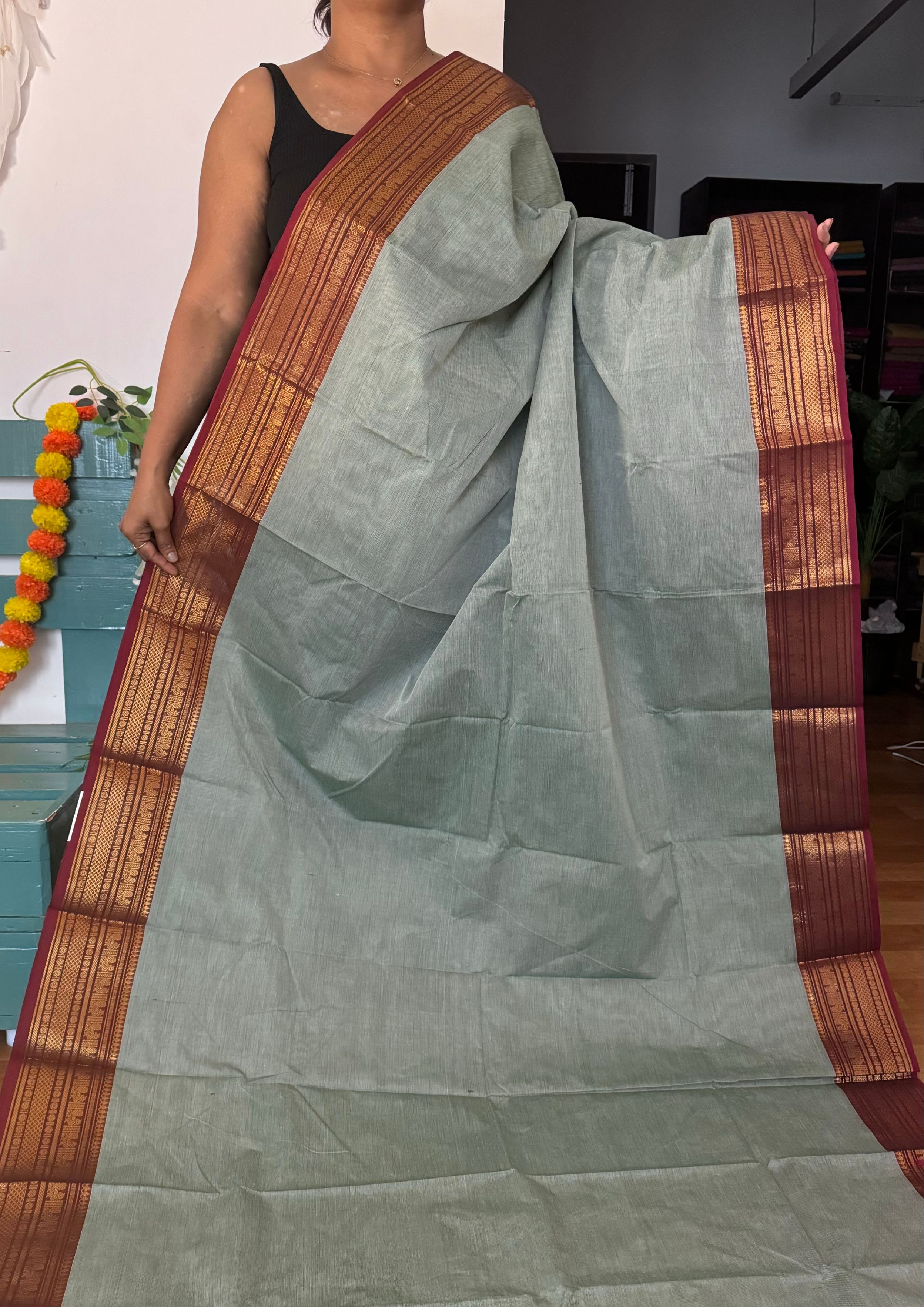 Greenish Grey and Maroon Chettinadu Cotton Saree