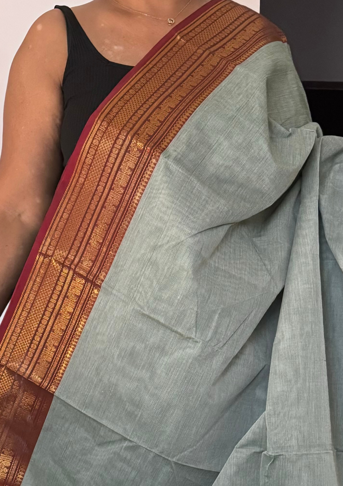 Greenish Grey and Maroon Chettinadu Cotton Saree