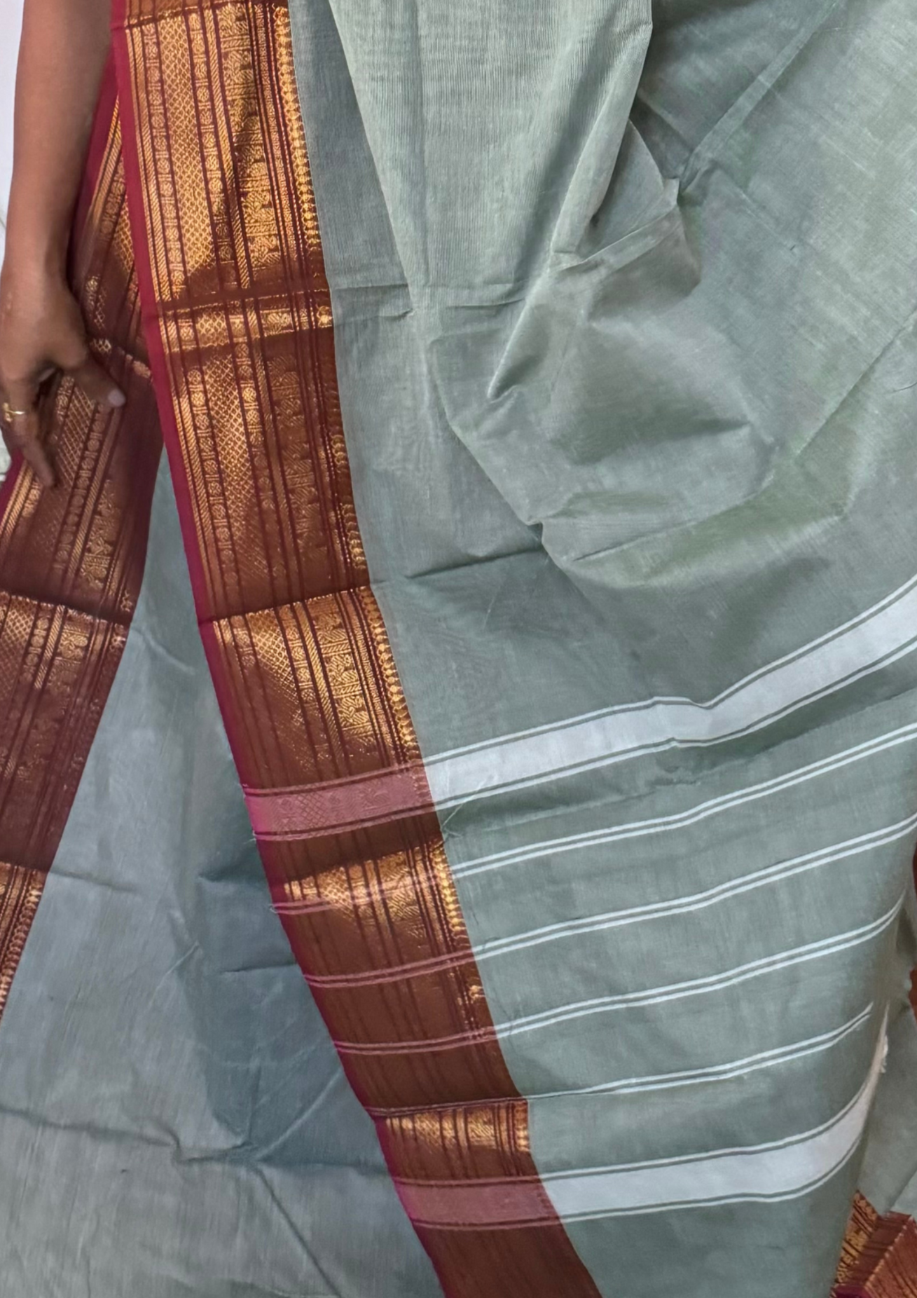 Greenish Grey and Maroon Chettinadu Cotton Saree