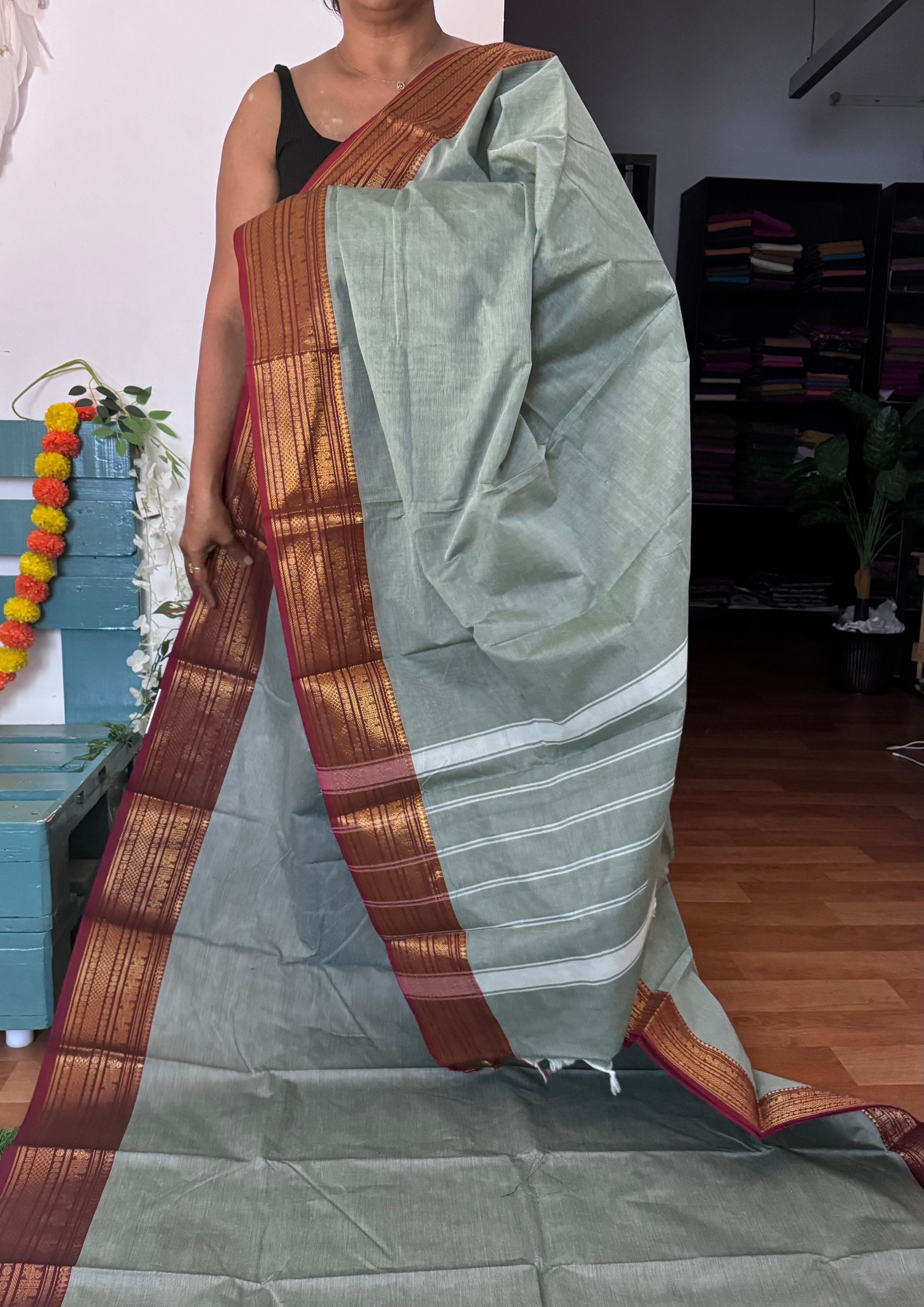 Greenish Grey and Maroon Chettinadu Cotton Saree